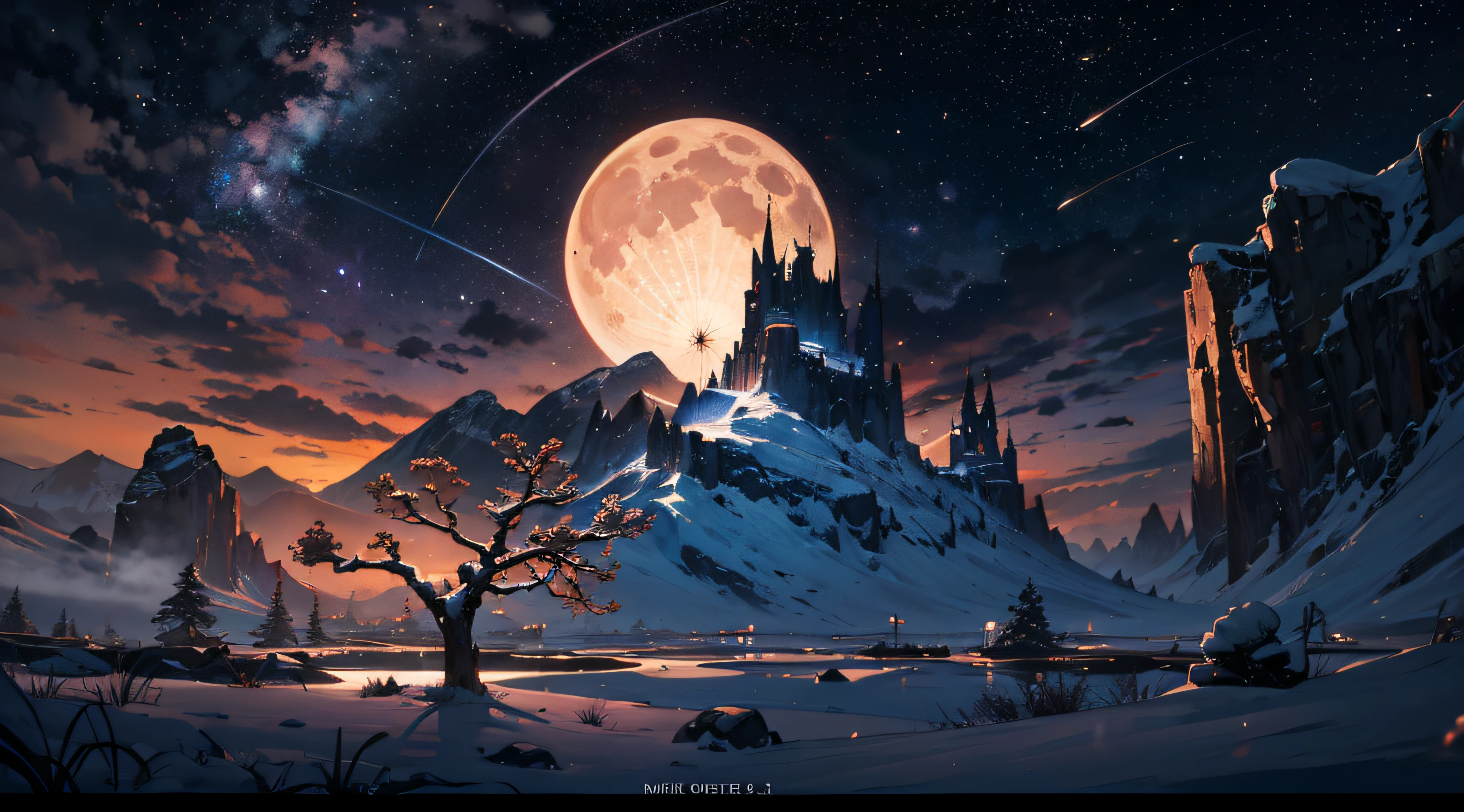 Expansive landscape photograph,(moon full:1.2),(meteors:0.9),(Starcloud:1.3),Far Mountain, Tree BREAK making art,(Warm light source:1.2),(glowworm:1.2),lamp lights,Lots of purple and orange,Complicated details,Volumetriclighting,Realism BREAK(tmasterpiece:1.2),(best qualtiy),4K,Ultra-detailed,(dynamic compositions:1.4),The is very detailed,Colorful details,(Irridescent color:1.2),(luminouslighting,Atmospheric lighting),dream magical,magical,(独奏:1.2),((best qualtiy)), ((tmasterpiece)), (the detail:1.4),depth of fields,maximum definition and sharpness,perfectly proportions,Fluttering clouds,lamplight,Wallpapers