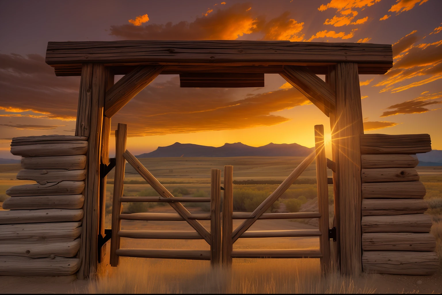 There is a wooden gate, gate, Colorado, Landscape of the American West, Gateway, Rural splendor, Heavengate, New Mexico, very dramatic, Wind River Valley, Wyoming, Sunset sky, Late Summer Nights, Dramatic front view,
