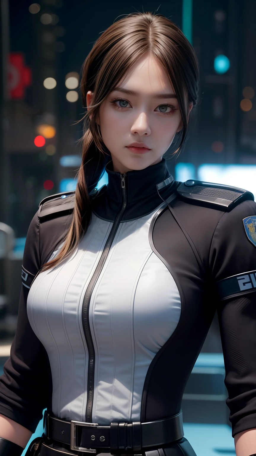 Highest image quality，Outstanding details，超高分辨率，The police of the future，She wears a futuristic SWAT uniform，pony tails，She stood in front of the police car，Robust body，Sexy and robust，Detailed abs，Detailed muscle lines，dynamicposes，the night，Future city street view background，neonlight，sense of science and technology，future-tech，Very detailed cyberpunk style，cyber punk perssonage，Highly detailed police uniforms，Highly detailed police cap，Highly detailed police force，Highly detailed police badge，Highly detailed armbands，Highly detailed police strips，Highly detailed epaulettes，wear police cap，Highly detailed electric batons，Highly detailed guns，The gun of the future，intercom，Wireless devices，Highly detailed handcuffs，Highly detailed police equipment，Highly detailed police car，Future police car，frontage，Full body photo，Look from the bottom up，look from down, looki at viewer，mechs