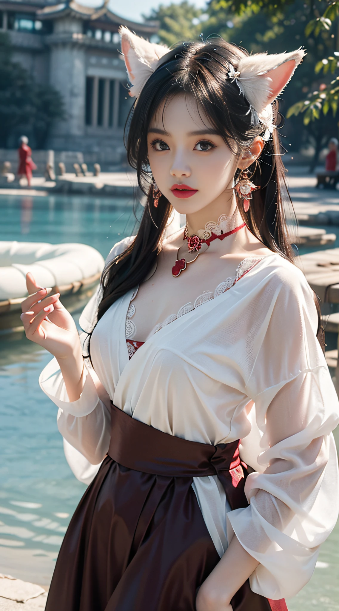 1 adult queen wearing a red lace blouse,There are white-haired girls with fox ears,Female fox pose,Chinese style clothes,Ancient costume with many phoenix patterns,Flawless pink face,Coronal head,hip-length black hair,Very nice sharp brown eyes,Small red lips,Draw lips,Keep one's mouth shut,Jewelry worn around the neck,耳Nipple Ring,White and even teeth,a tall nose,big round breasts, the girl's body is covered with water on chest,long leges,thin mesh black socks,sportrait,most realistic,HighestQuali,best pixels,8K Ultra,(Transparent super big moon background:1.8)