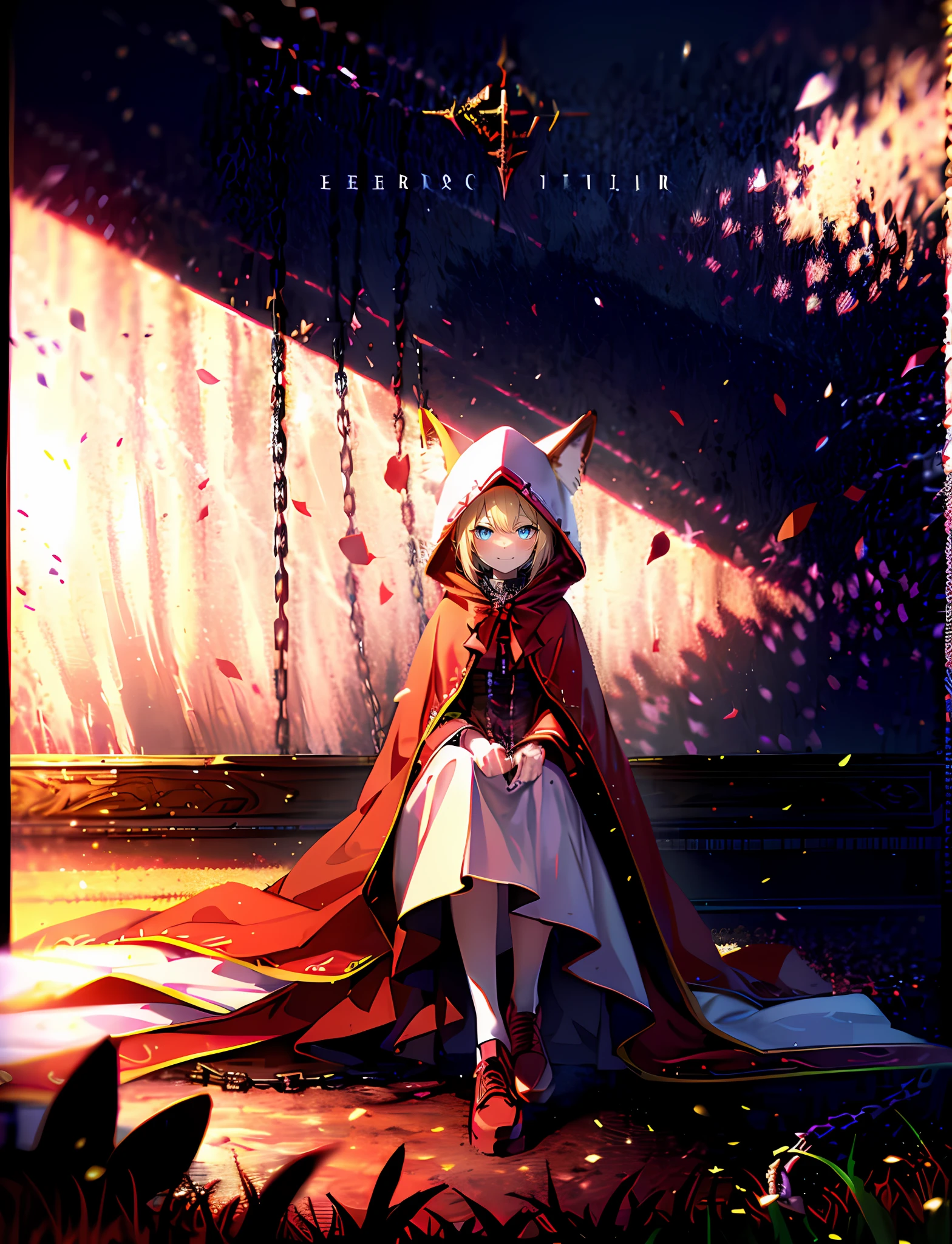 Masterpiece, Best quality, 1girll, Blonde hair, Blue eyes, chain, Hood, dress, tree, instrument, Short hair, red footwear, Sitting, guitar, bow, red capelet, Red hood, view the viewer, littleredridinghood (irate), White dress, Bare tree, signatures, dated, Blush, Hood up, grave stones, cloaks, Smile, arma, Solo, Red bow, Artist name, shoes, Cloak, Electric guitar, neck bowtie, bangs,（Fox ears white hair girl），whitestocking，（White color hair），blue color eyes