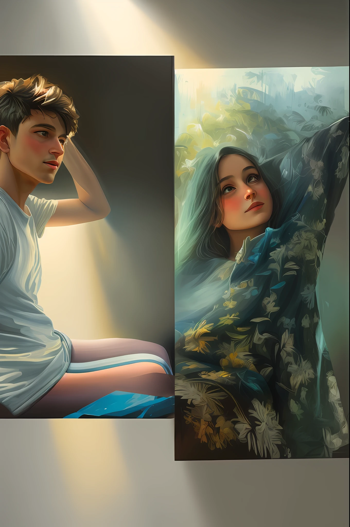 A dreamy painting that portrays a boy and a girl immersed in conversation, sipping coffee in a cozy living room surrounded by lush greenery. Sunlight filters through large windows, casting a soft glow on their faces, illuminating the room with a tranquil ambiance. The brushstrokes are loose and expressive, capturing the warmth and intimacy of the moment, painted with acrylics on canvas using a palette knife for texture and vibrant colors,