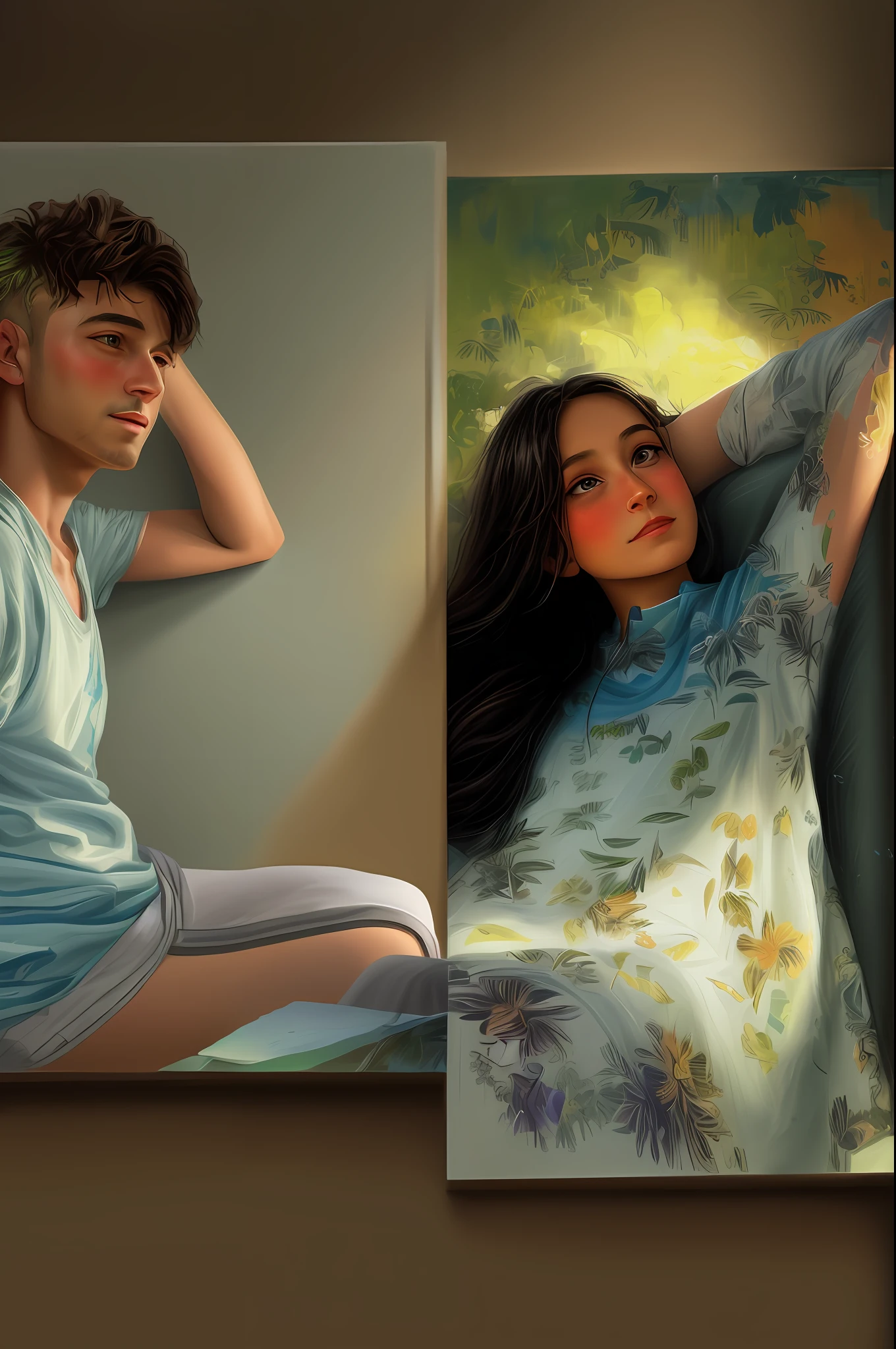 A dreamy painting that portrays a boy and a girl immersed in conversation, sipping coffee in a cozy living room surrounded by lush greenery. Sunlight filters through large windows, casting a soft glow on their faces, illuminating the room with a tranquil ambiance. The brushstrokes are loose and expressive, capturing the warmth and intimacy of the moment, painted with acrylics on canvas using a palette knife for texture and vibrant colors,