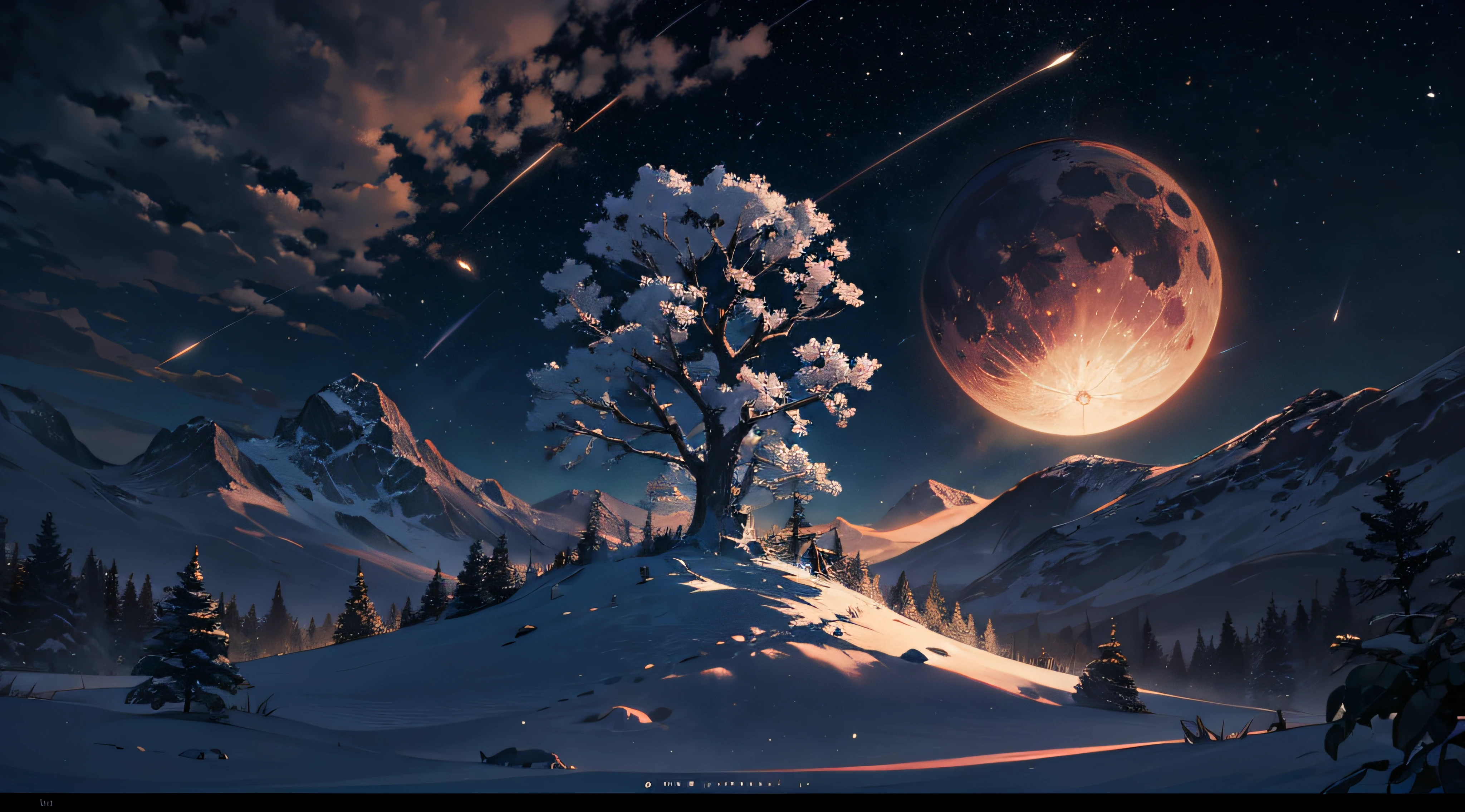 Expansive landscape photograph，（moon full：1.2），（meteors：0.9），（Starcloud：1.3），Far Mountain, Tree BREAK making art，（Warm light source：1.2），（glowworm：1.2），lamp lights，Lots of purple and orange，Complicated details，Volumetriclighting，Realism BREAK（tmasterpiece：1.2），（best qualtiy），4K，Ultra-detailed，（dynamic compositions：1.4），The is very detailed，Colorful details，（Irridescent color：1.2），（luminouslighting，Atmospheric lighting），dream magical，magical，（独奏：1.2），（（best qualtiy））， （（tmasterpiece））， （the detail：1.4），depth of fields，maximum definition and sharpness，perfectly proportions，Fluttering clouds，lamplight，Wallpapers