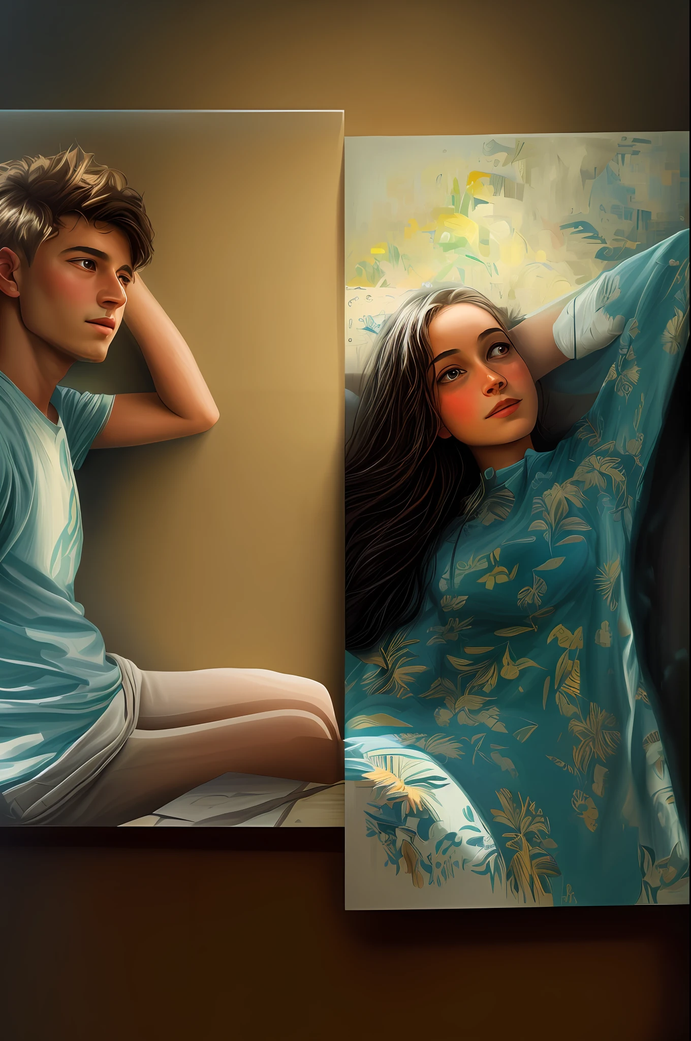 A dreamy painting that portrays a boy and a girl immersed in conversation, sipping coffee in a cozy living room surrounded by lush greenery. Sunlight filters through large windows, casting a soft glow on their faces, illuminating the room with a tranquil ambiance. The brushstrokes are loose and expressive, capturing the warmth and intimacy of the moment, painted with acrylics on canvas using a palette knife for texture and vibrant colors,