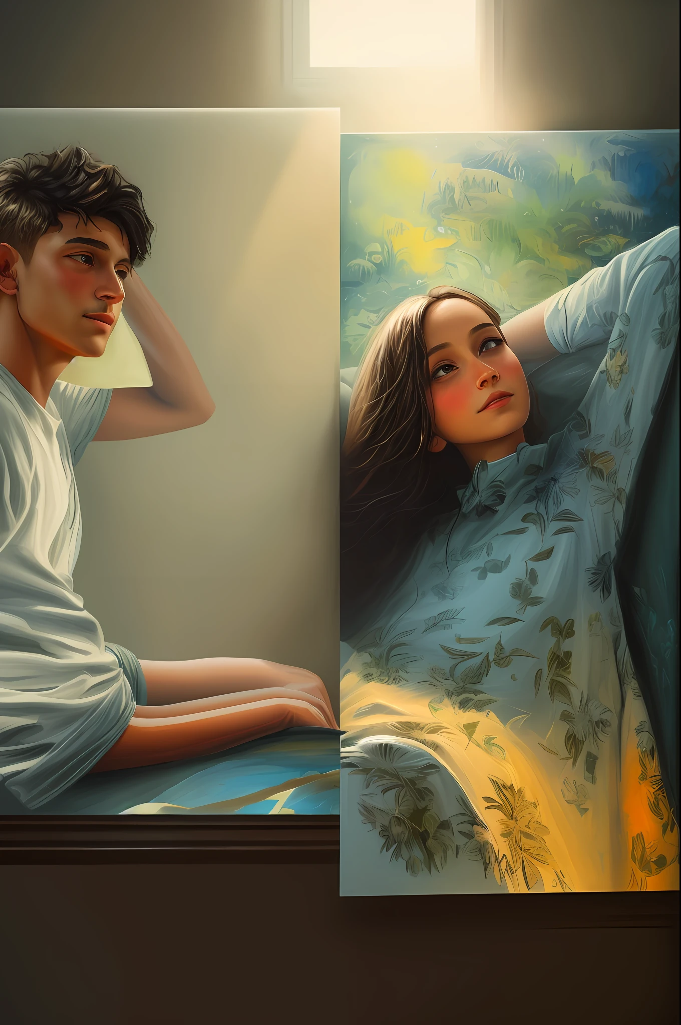 A dreamy painting that portrays a boy and a girl immersed in conversation, sipping coffee in a cozy living room surrounded by lush greenery. Sunlight filters through large windows, casting a soft glow on their faces, illuminating the room with a tranquil ambiance. The brushstrokes are loose and expressive, capturing the warmth and intimacy of the moment, painted with acrylics on canvas using a palette knife for texture and vibrant colors,