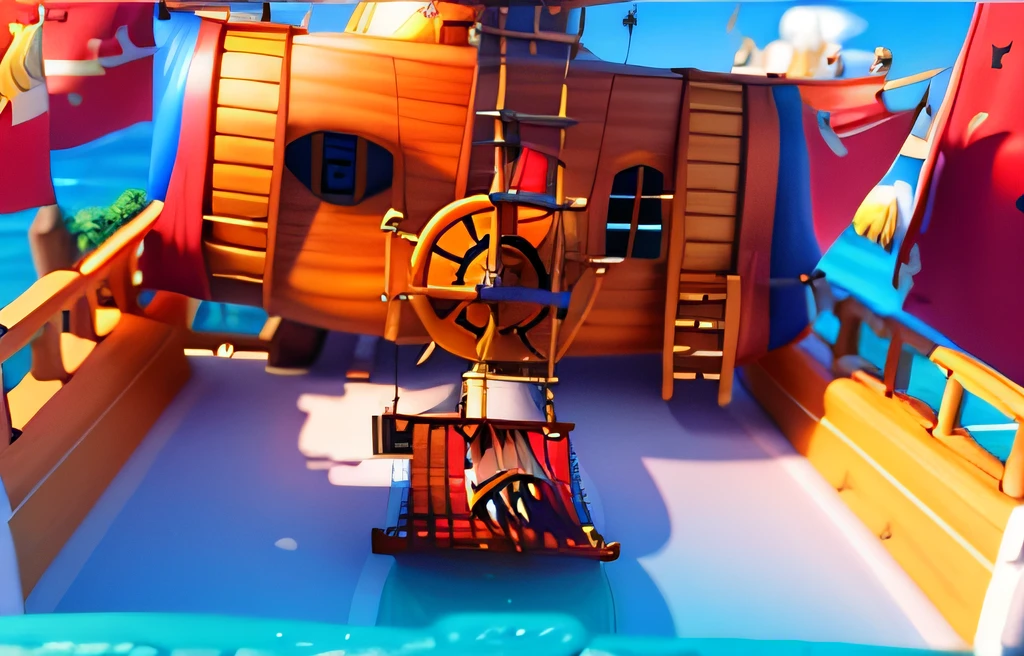 Pirates drive pirate ships，pirate ships，a pirate，steering wheel，with blue sky and white clouds，having fun，Sail，oar