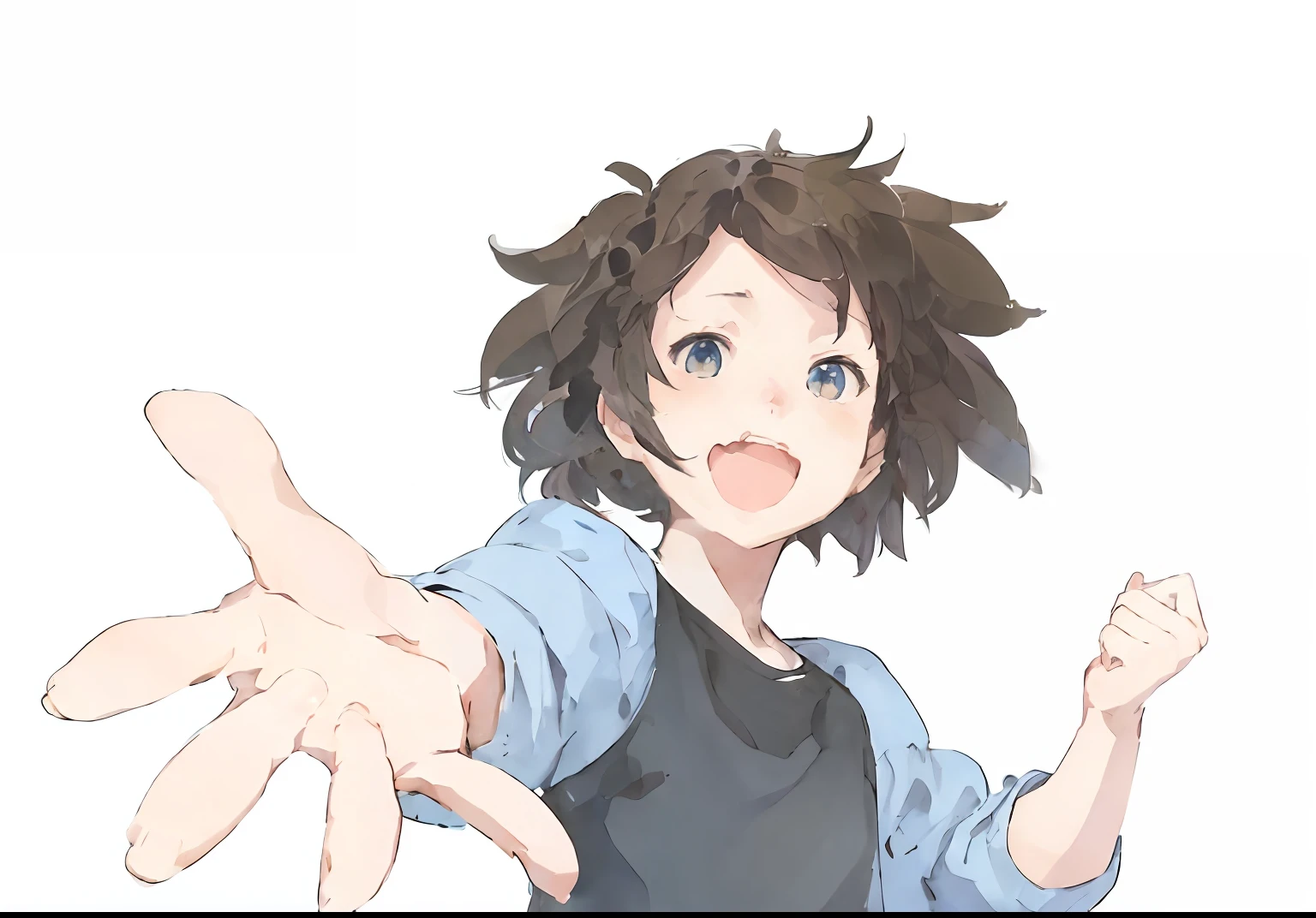 ​masterpiece、best qualtiy、1giri、Beautiful hair(1.5)、Beautiful eyes、Anime character with mouth open and hands raised、sticking out your hand、young anime girl、excited expressions、