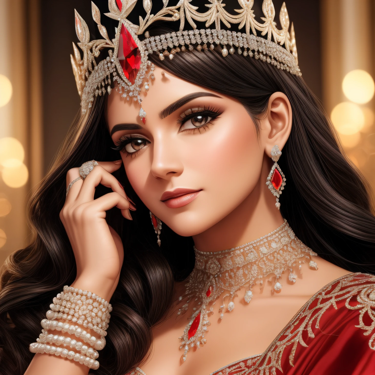 A closeup of a TIA with red and white crystals on a black surface, rubi com diamante, coroa de joias, coroa de joias, Tiara vermelha, coroa ornamentada joias, Crown of the Silver Prince, coroa de cristal, coroa real, coroa de engrenagens vermelhas e diamantes, realeza enfeitada e incrustada, usando uma coroa de diamantes, coroa de prata, Coroa da Rainha