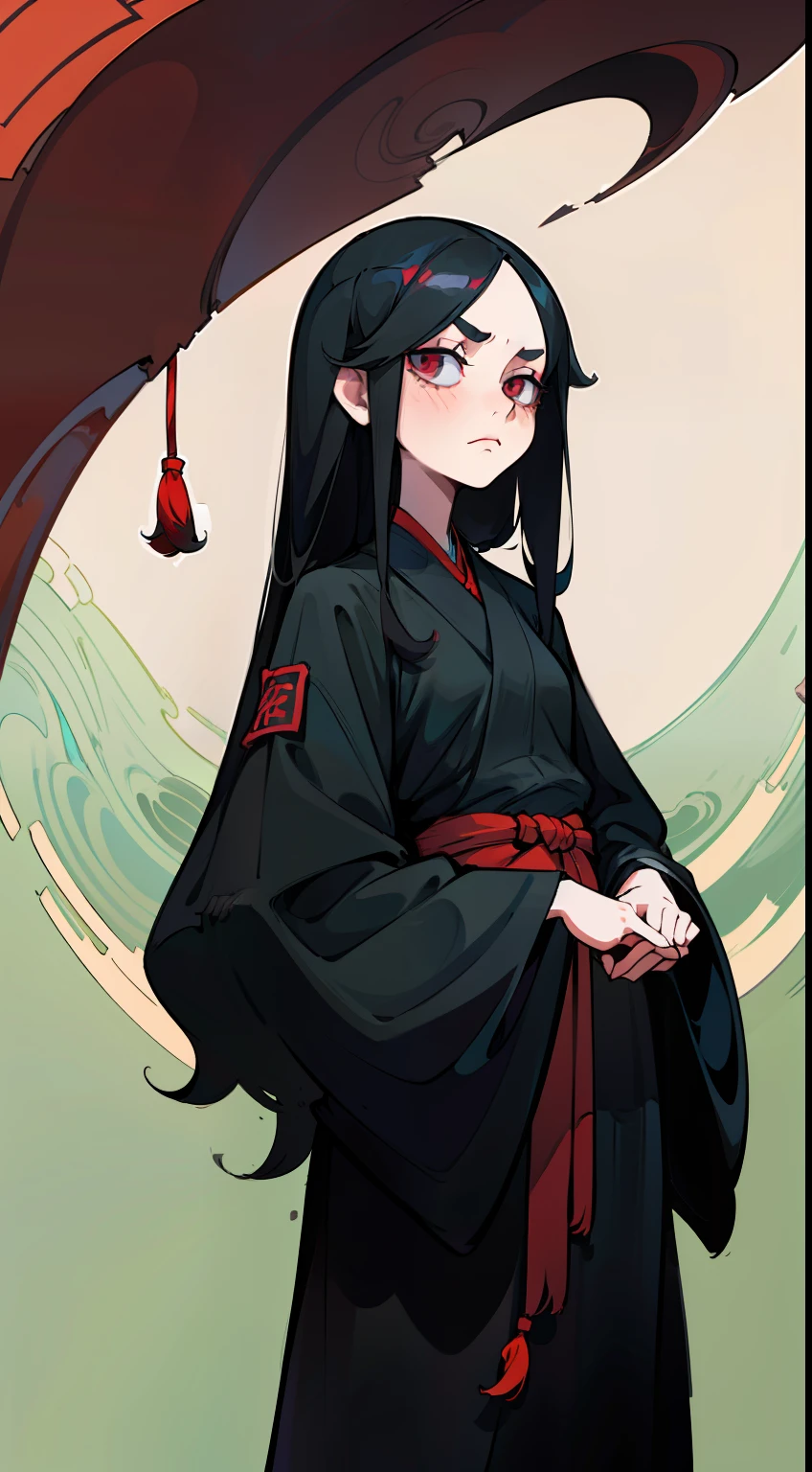 A girl with long black hair，Long face shape，Do not show your ears，no headwear，Positive perspective，Raised eyes，The expression is grim，Hang your eyes，full bodyesbian，Standing illustration，Flat art style，Character design，Chinese Hanfu，Hand drawn illustration style，Single background，Clean background，Blank background，