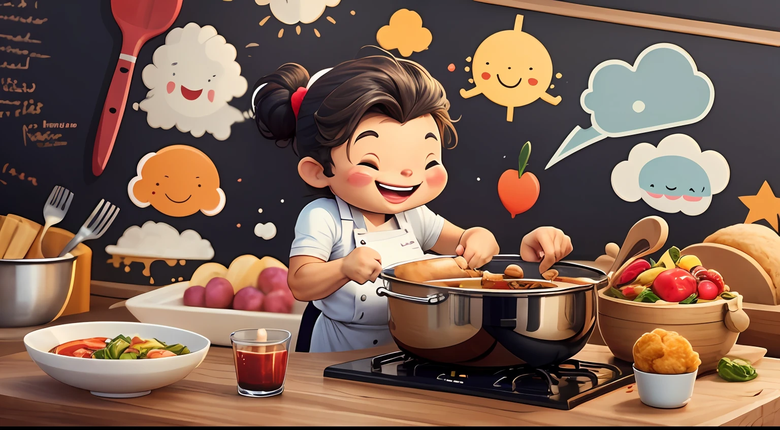 Lovely chef who was cooking,A smile on his face,Positive perspective,Comic cartoon style