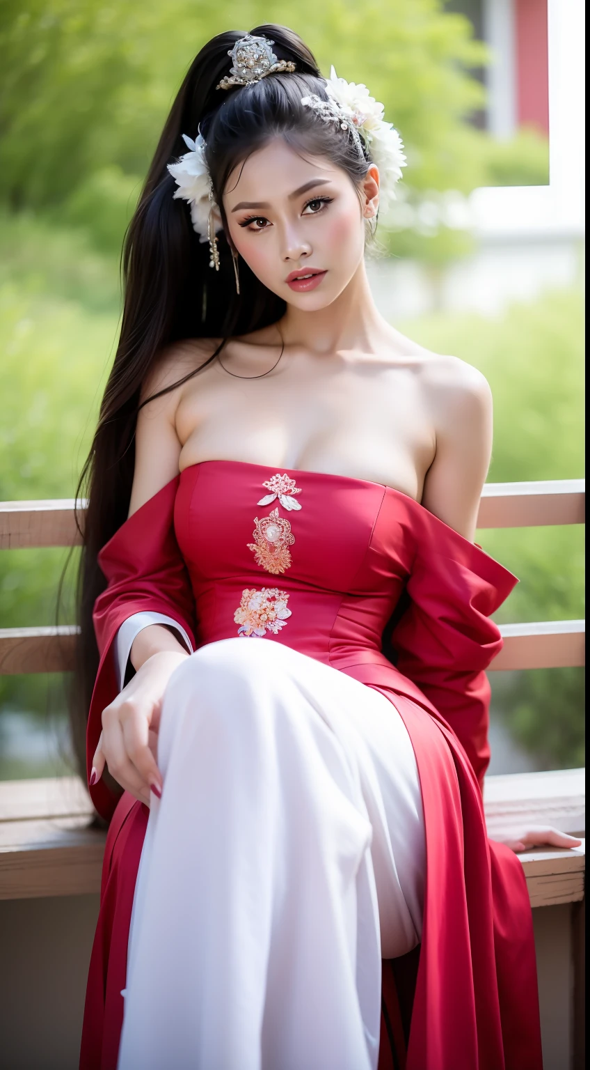 Fashion model 16 years old [[[[closeup cleavage]]]], [[[[boobgasm]]]], [[[[coll]]]], [[[[bshoulders]]]], perfect  eyes, Perfect iris，perfect lips，perfect teeth，Perfect skin，Long face，Soft front light，HDR，filmgirl,Red costume，White period costume，Pink period costume，Green leaves and flowers in the background，（pastel colour：1.2）