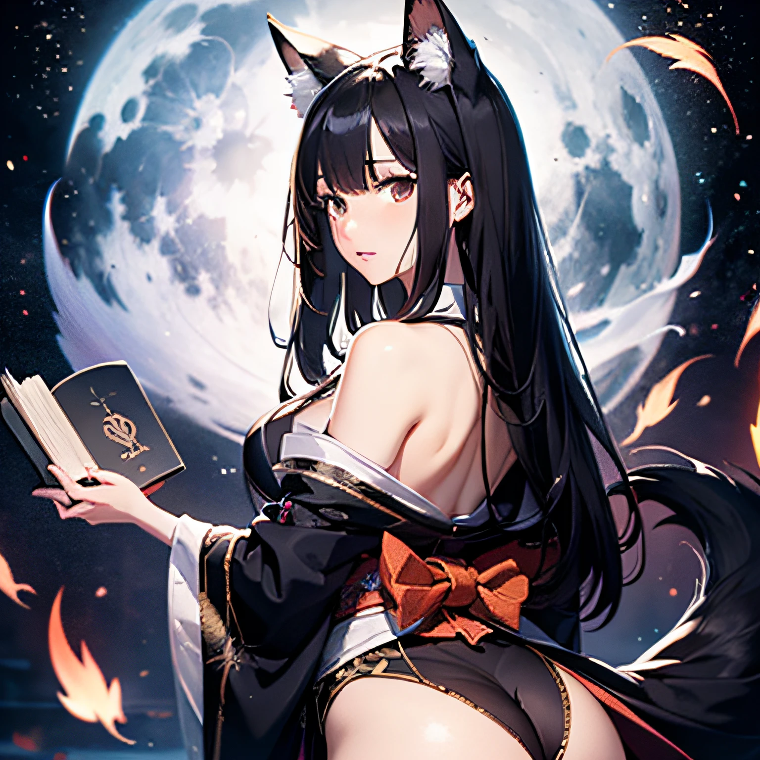 Fox spirit、９Suspicious woman with long black hair and kimono with book tail growing from her buttocks、rays of moonlight、dark、Pale flames float around、​masterpiece、realisitic