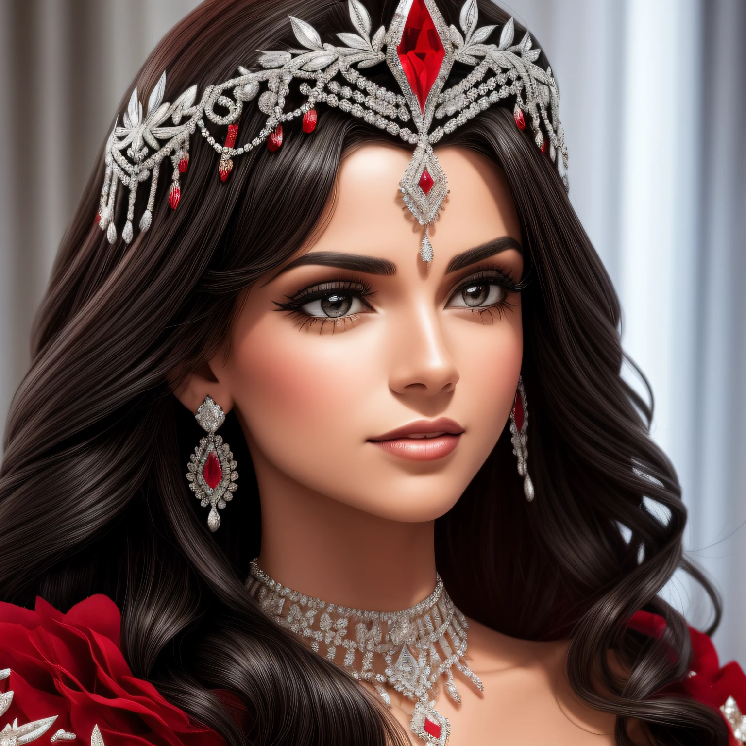 A closeup of a TIA with red and white crystals on a black surface, rubi com diamante, coroa de joias, coroa de joias, Tiara vermelha, coroa ornamentada joias, Crown of the Silver Prince, coroa de cristal, coroa real, coroa de engrenagens vermelhas e diamantes, realeza enfeitada e incrustada, usando uma coroa de diamantes, coroa de prata, Coroa da Rainha
