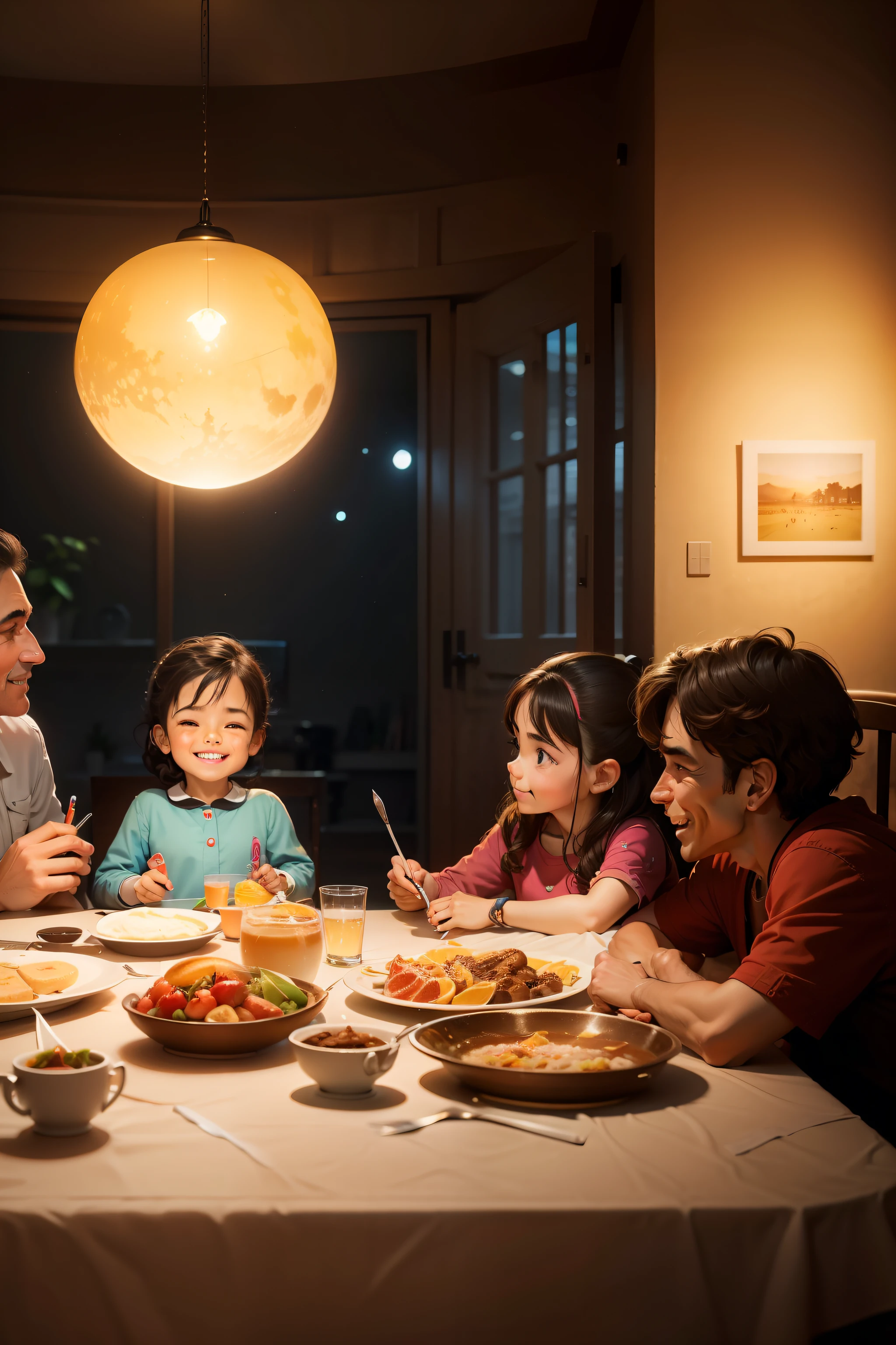 Beautiful family, Everyone is happy and smiling, in a room having breakfast, retrato detalhado, complexidade intrincada, rule of thirds, Sunset, Tinta fosca, luminescente, Artistic Station, arte conceitual, Arte Nova, Ilustrativos, Smooth and sharp focus Highly detailed, Arte Pixar Maximalista e Realista.