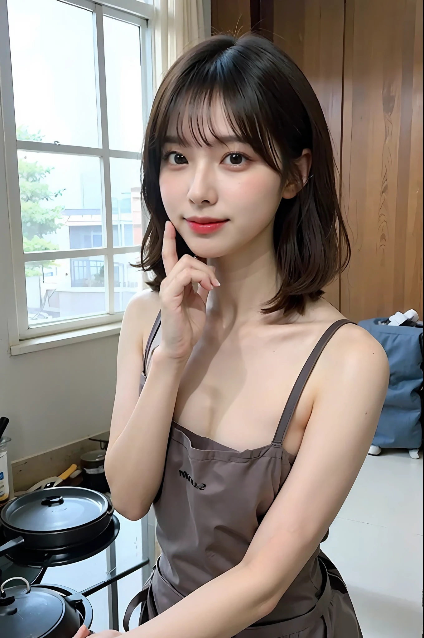 a woman is cooking、(kitchin_Apron:1.Wear 3)、Good Hand、4K、hight resolution、​masterpiece、top-quality、Cap:1.3、((Hasselblad photo))、Fine skin、foco nítido、(lighting like a movie)、Soft lighting、dynamic ungle、[:(详细的脸:1.2):0.2]、Medium chest、sweats streamed skin:1.2、(((In the kitchen))) A smile　Beautiful profile　Colossal tits　Beautiful body　Tying hair　The background is a large and beautiful living room　　Spacious and spacious balcony