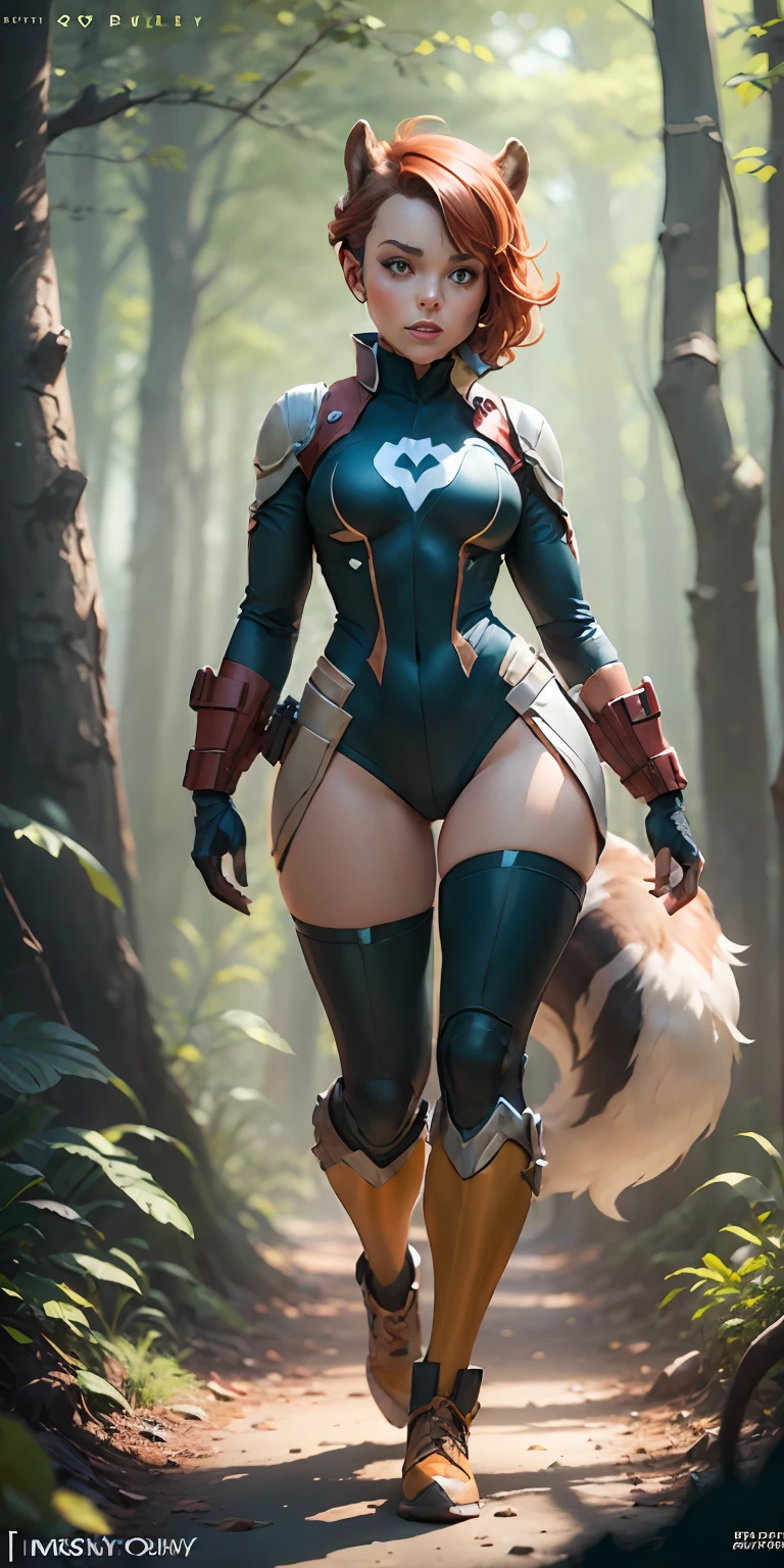 Squirrel Girl from Marvel, bushy tail, frontal, full-length, looking at the camera, facing the audience, standing pose, forest background, three-dimensional light, detailed full-body concept, sleek digital concept art, beautiful full-body concept art, art trend, CGsociety full-length,