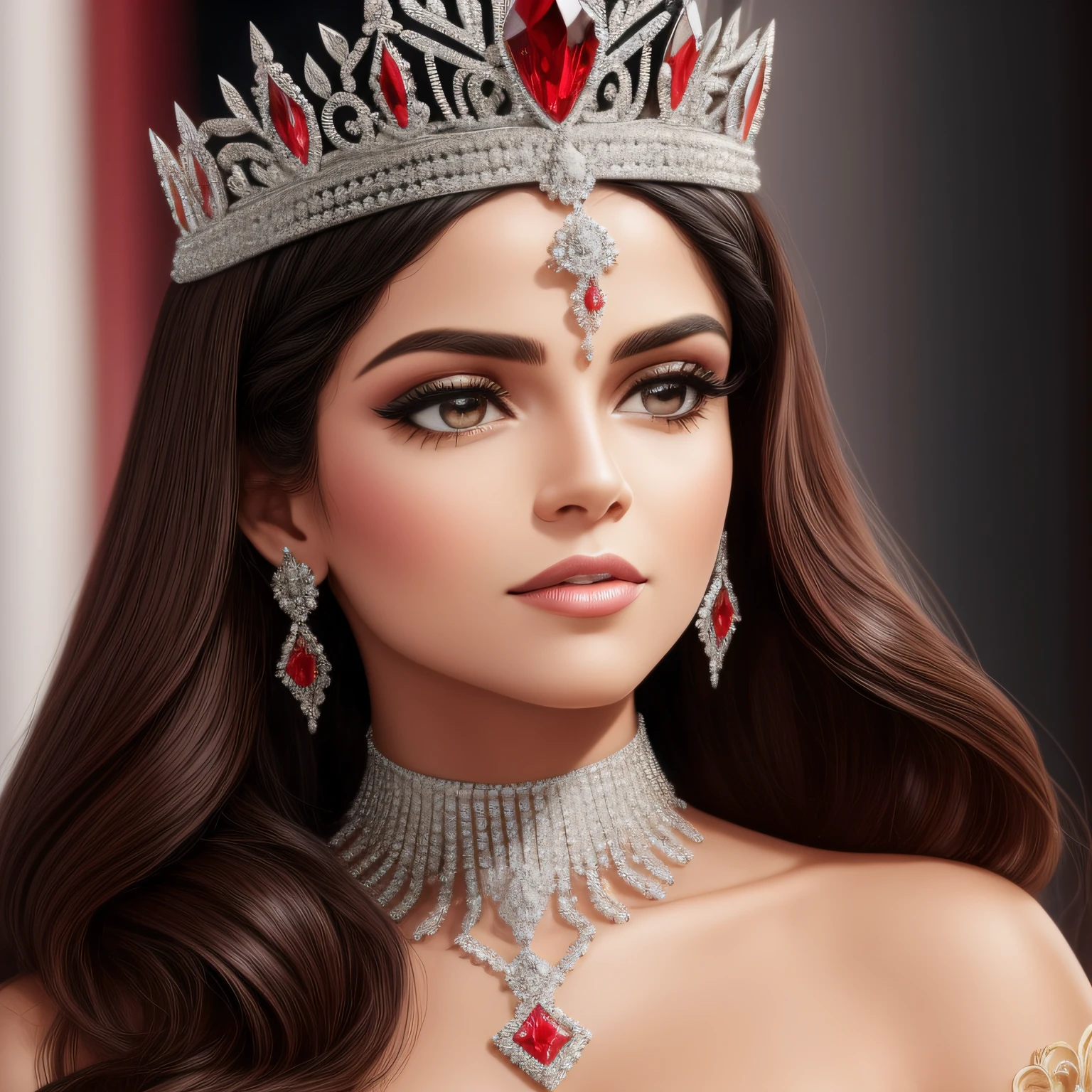A closeup of a TIA with red and white crystals on a black surface, rubi com diamante, coroa de joias, coroa de joias, Tiara vermelha, coroa ornamentada joias, Crown of the Silver Prince, coroa de cristal, coroa real, coroa de engrenagens vermelhas e diamantes, realeza enfeitada e incrustada, usando uma coroa de diamantes, coroa de prata, Coroa da Rainha