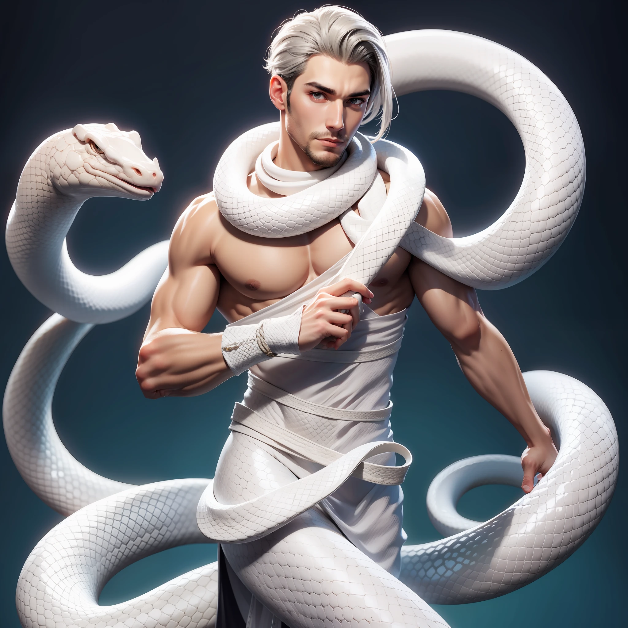 man with white snake wrapped around neck
