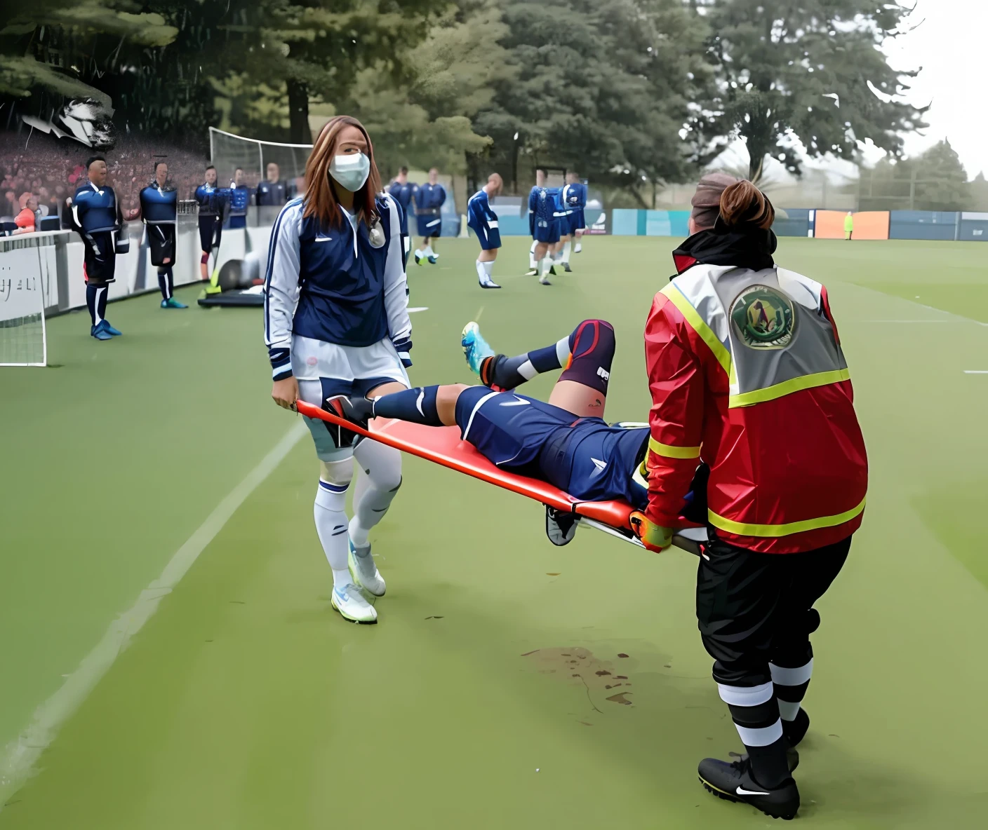 a soccer scene in a sports stadium, cool and wet weather conditions, humide ground, rainy sky, injury scene in a sports stadium, stretcher carry, there are four female medics carrying a stretcher, there are four female medics in very shiny coats who are carrying a stretcher in a sports stadium, there is a wounded male soccer player in a matte short cotton sports outfit lying on the stretcher, an injured male soccer player in matte cotton sportswear is lying in pain on a stretcher, a soccer player in matte cotton sports clothes is rearing up in intense pain while lying on a stretcher, dramatic scene, theatralic posing scene, dramatic pity scene, injury soccer, first aid, help, pity, there are four female medics in wetlook high-shine coats who are looking very sad and very terrified and very shocked, the injured soccer player is screaming out in pain while he is carried from the pitch on a stretcher