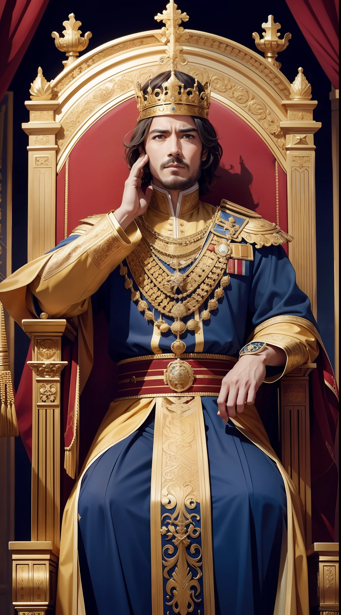 The king sitting on the throne of the royal palace,(splendid,Epic composition),Be intimidating,ornate armour,A palatial crown,vague background,natural lightting,独奏,Highly detailed 8K
