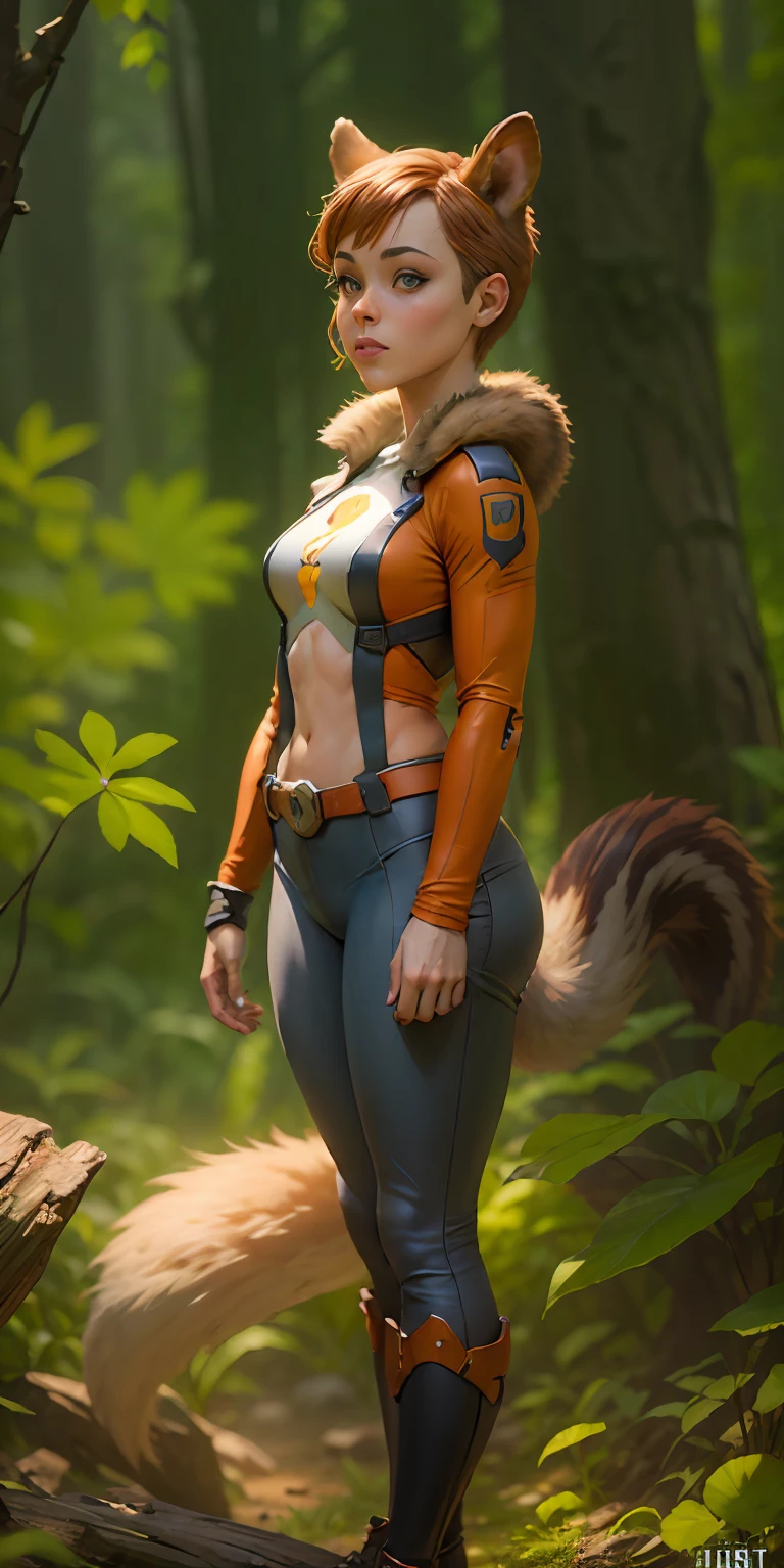 Squirrel Girl from Marvel, bushy tail, frontal, full-length, looking at the camera, facing the audience, standing pose, forest background, three-dimensional light, detailed full-body concept, sleek digital concept art, beautiful full-body concept art, art trend, CGsociety full-length,