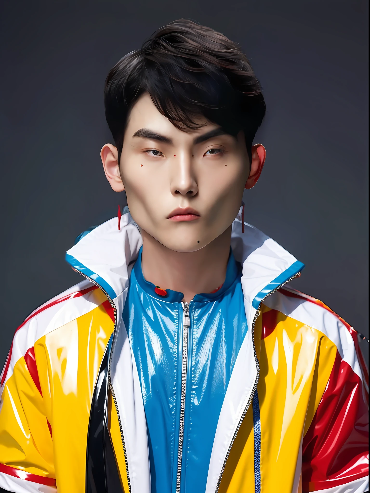 Chinese Boys' High School，Wearing PVC color short-sleeved casual clothes，There are zippers，There is a collar