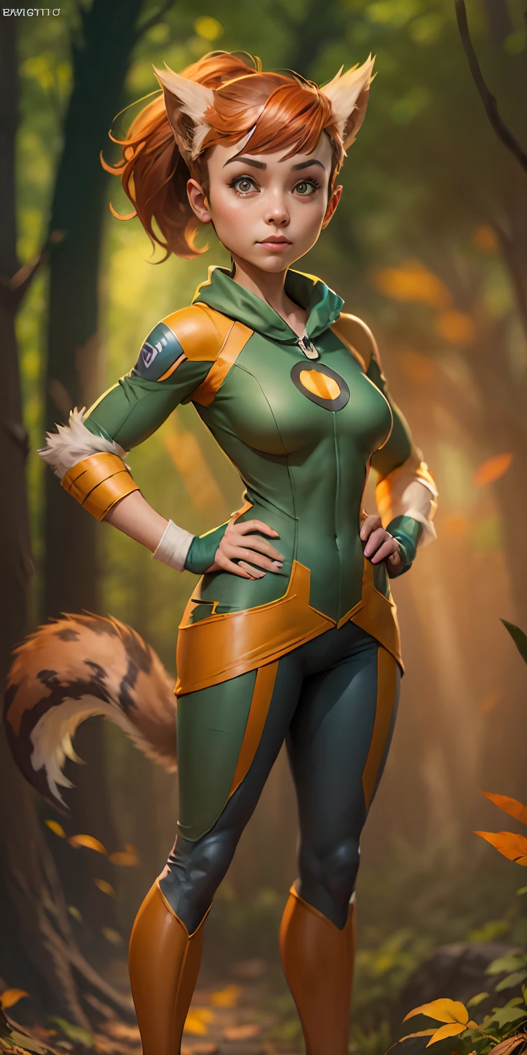 Squirrel Girl from Marvel, bushy tail, frontal, full-length, looking at the camera, facing the audience, standing pose, forest background, three-dimensional light, detailed full-body concept, sleek digital concept art, beautiful full-body concept art, art trend, CGsociety full-length,