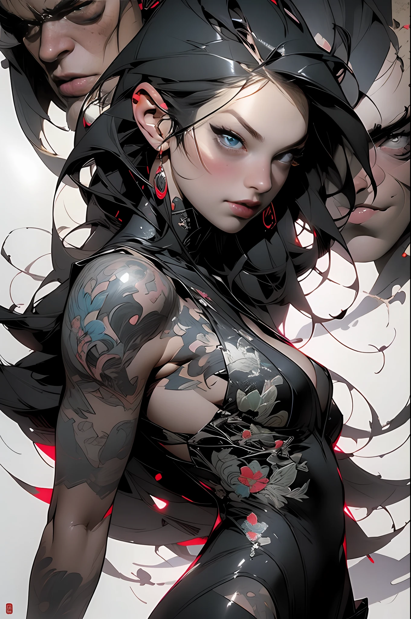 ::Inking Comix in Pencil por Richard Luong ::Background Story, Misto-idioma_Texto, letras japonesas em graffit , Kelly Brook mulher linda , longos cabelos negros, Excellent lighting, side-lighting, perfeito ultimate, historia em quadrinho