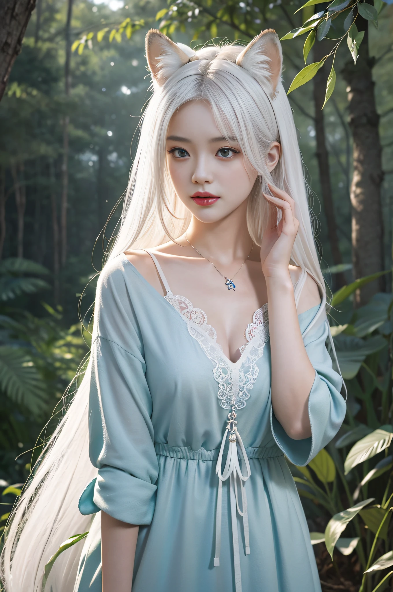 tmasterpiece,Best quality at best,(非常详细的 CG 统一 8k 壁纸),(Best quality at best),(The best illustrations),(The best shadow),1 Girl with white hair with fox ears,Female fox pose,Close up of beauty with white hair and white mask,Belle peinture de personnage,Guviz,Guviz-style artwork,White-haired god,Yang J,Epic and beautiful character art,Stunning character art,FAN Qi,Wu Zhun Shifan,Guvitz at the Pixiv Art Station,glowing sprites,Natural elements in the forest theme。Mysterious Forest,Beautiful forest,great outdoors,Surrounded by flowers,Delicate leaves and branches are surrounded by fireflies(nature elements),(Jungle theme),(Foliage),(tree branch),(glowworm),(Particle effect), Octane rendering,Ray traching,Super meticulous