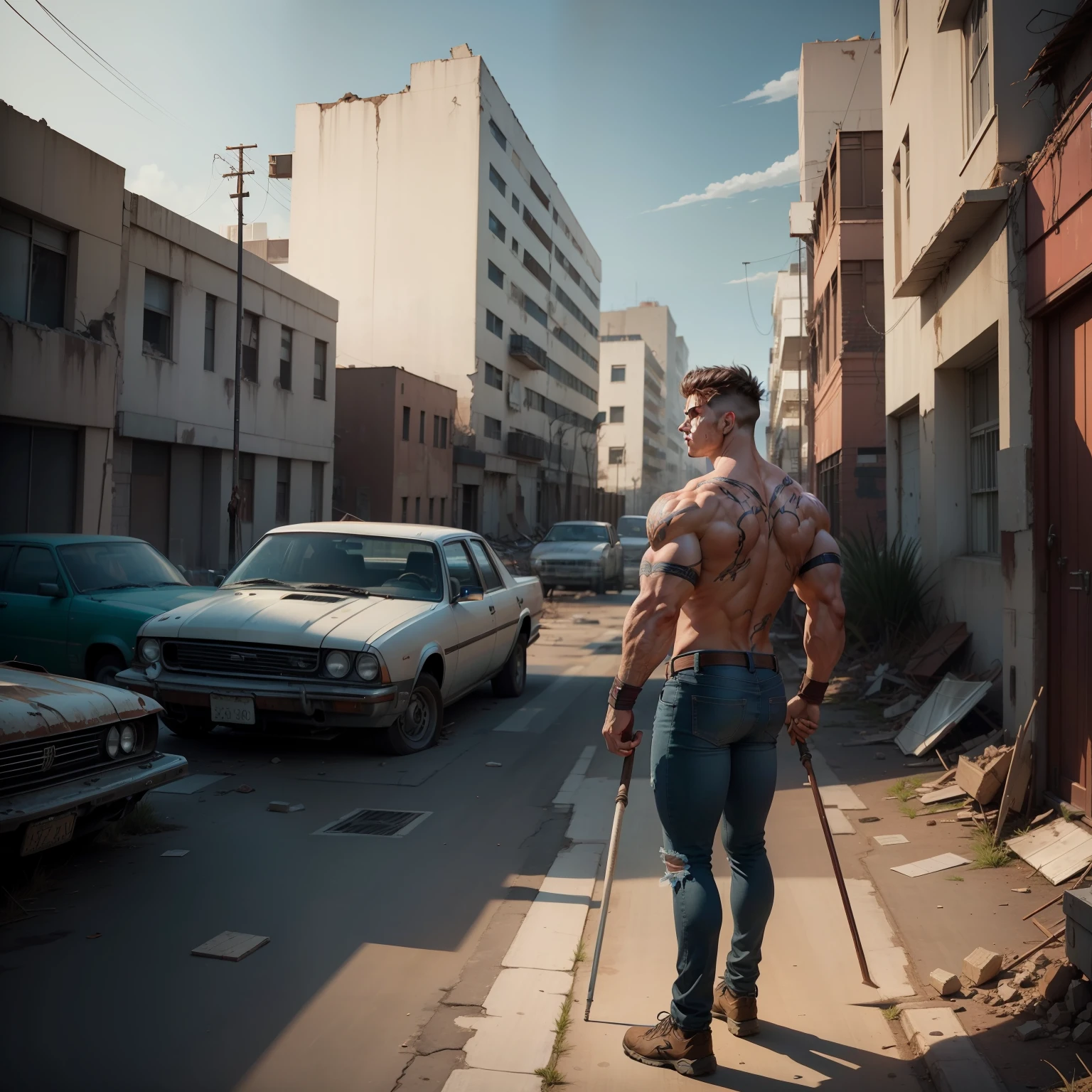/imagine prompt: A muscular young man named Jack standing on an abandoned street, wielding an iron rod. His gaze is determined and his expression is solemn, surrounded by abandoned buildings and broken vehicles,