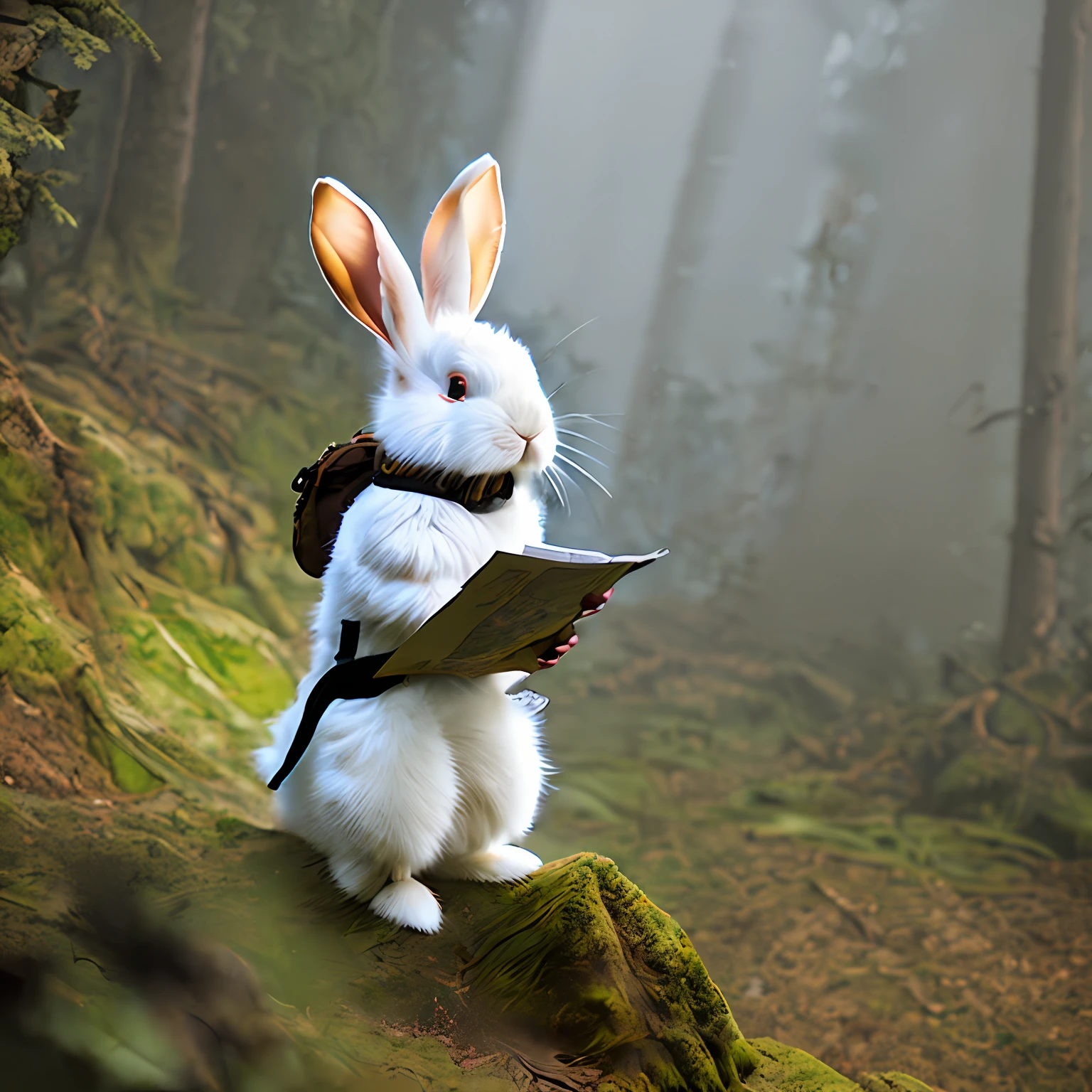 classicnegative portrait photo, fantasy video game character concept art, a cute white fluffy rabbit wearing a small brown leather backpack looking at a map hiking through a forest, dungeons and dragons, fantasy, river, haze, halation, bloom, dramatic atmosphere, 1970s dark fantasy movie, centred, rule of thirds