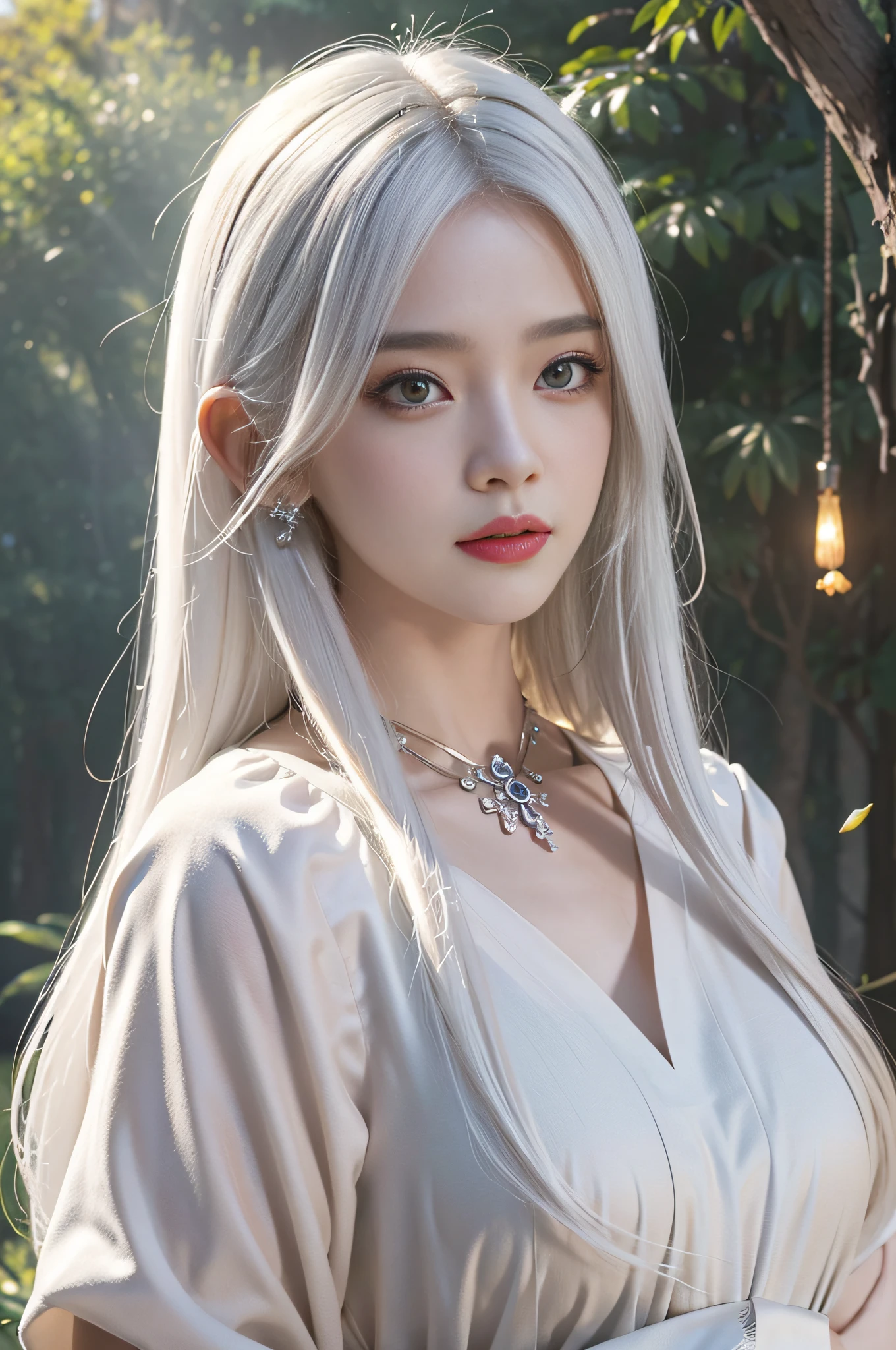 (((((quality：Best quality, Masterpiece))), styled：Ink wind, Poetic), 1 Girl with white hair with fox ears(nine tail fox, Silver hair, Bright eyes, Glimpse), (Night comes, Moonshine pouring, The moon hangs, Pine branches, In the weeds), The picture is soulful, Show mysterious poetry and moving beauty