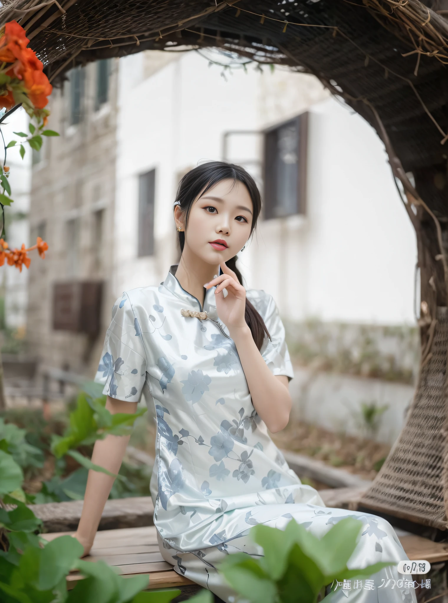 there is a woman sitting on a bench in a garden, Cheongsam, with acient chinese clothes, Traditional Chinese clothing, wearing a blue qipao dress, Chinese style, Chinese girl, 60mm portrait, Chinese woman, Palace , A girl in Hanfu, Chinese dress, 7 0 mm portrait, in a blue qipao, Gorgeous lady, Hanfu retinal screen,Vertical painting shadows,Perspectiva subjetiva,atmospheric distance sense,hyper HD,Textured skin,HighestQuali,high detal,The eyes are bright and alert,Ray traching,Multiple monochromes,Cinematic lighting effects,Star temperament