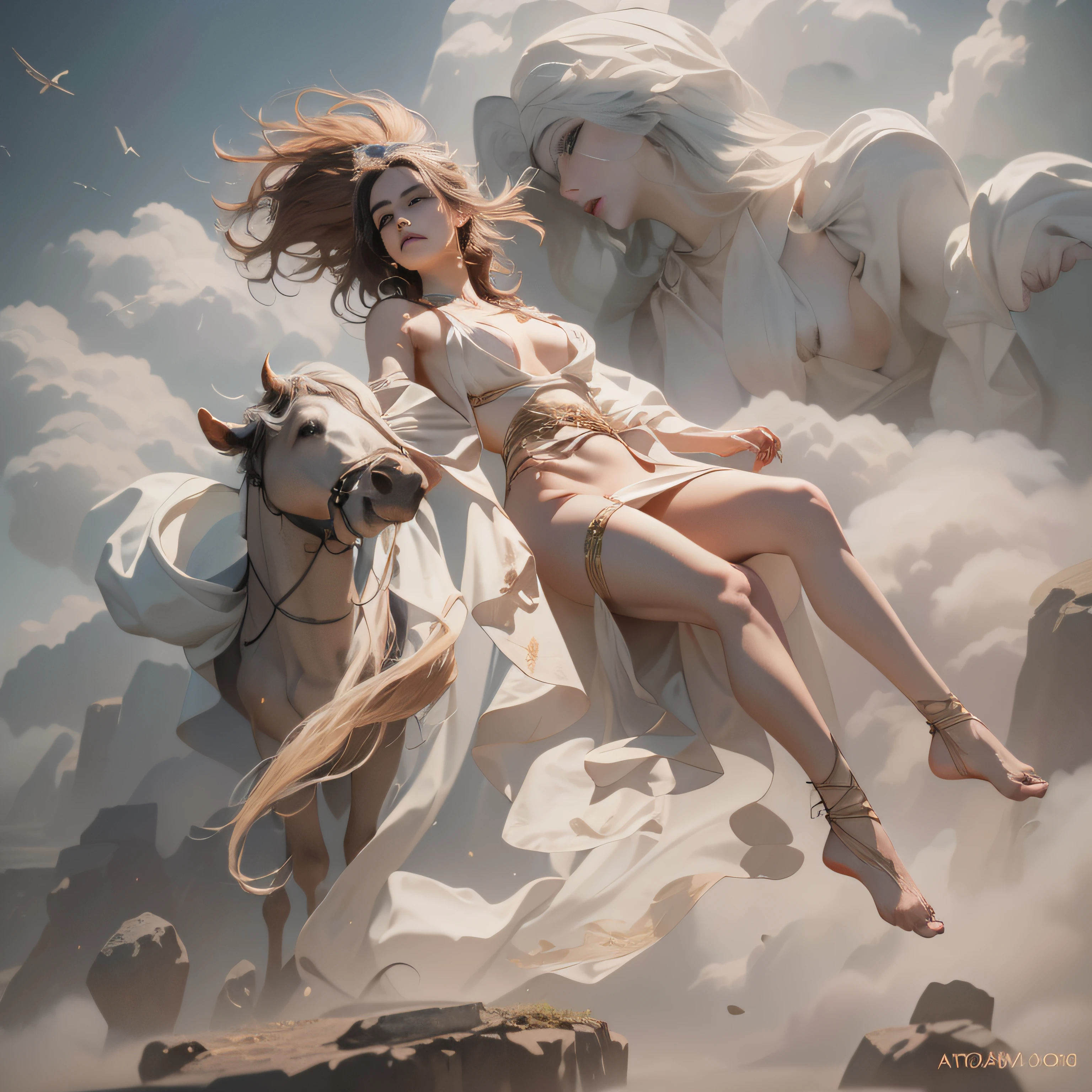 (there is a woman sitting on a white cow, full body, cinematic screen, ethereal, detailed, alluring succubus, ethereal beauty, perched on a cloud, (fantasy illustration:1.3), enchanting gaze, captivating pose, otherworldly charm, mystical sky, soft colors, (detailed cloudscape:1.3), (high-resolution:1.2), ((masterpiece)), (best quality), HDR, ((masterpiece)), (best quality), HDR, FEMME,artistic, Soft color palette, windblown flowers, Sparkle, magical photography, Soft smooth lighting, Light background,[light smile], expressionless, ON beach, sea, dramatic sky, warmtone, woman running,, a mature sad female, ethereal, large breasts, vivid color, bare shoulders, arms down, armpits, thighs, [light smile], expressionless, masterpiece, 8k resolution, fantasy art, ((high jumper's body proportions)), ((((no panties)))), ((no panties))), ((( No pants))),(((No socks)))),(No skirt)))),((No shoes)))),((Dynamic posture)))), (Full body))), , (Greek feet), (Carefully groomed nails),((Delicate and small toes, perfect toes))), (Camel toes),((Correct anatomy)),((Correct dissection))),( Clothing: high slit design, white flowers cut at the waist, perfectly blending with the figure))), (((the world of clouds and mist))), (the clothes are painted with dirty and blood )))),