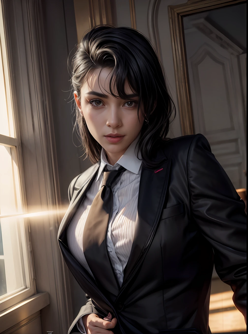 a woman in a suit and tie posing for a picture, a picture by André Castro, trending on cg society, dada, ultra hd, feminine, Acurate, black hair, Hyperrealism, bloom, reflection light, glowing light, god rays, ray tracing, lens flare, f/1.2, 35mm, Sony FE GM, Fujifilm, UHD, masterpiece, anatomically correct, textured skin, super detail, high details, high quality, award winning, best quality, highres, HD, 8k