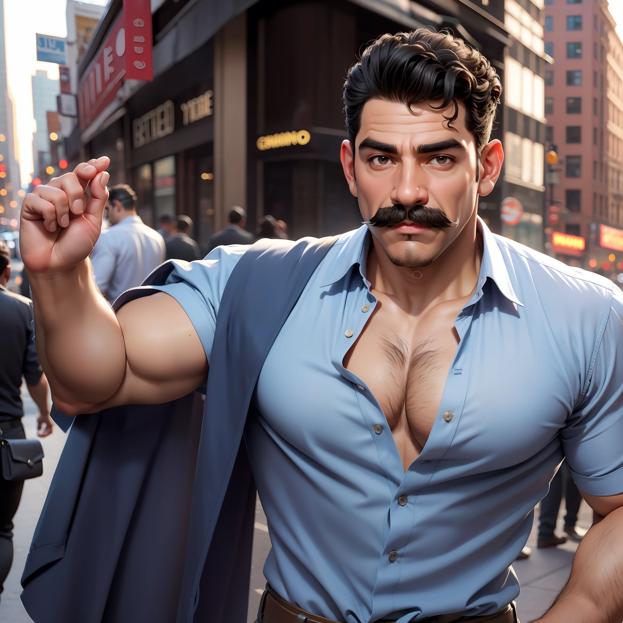 latino man of the 1950s in new york very beautiful very short curly hair mustache strong and athletic body large chest open shirt walking around new york city in the 1950s