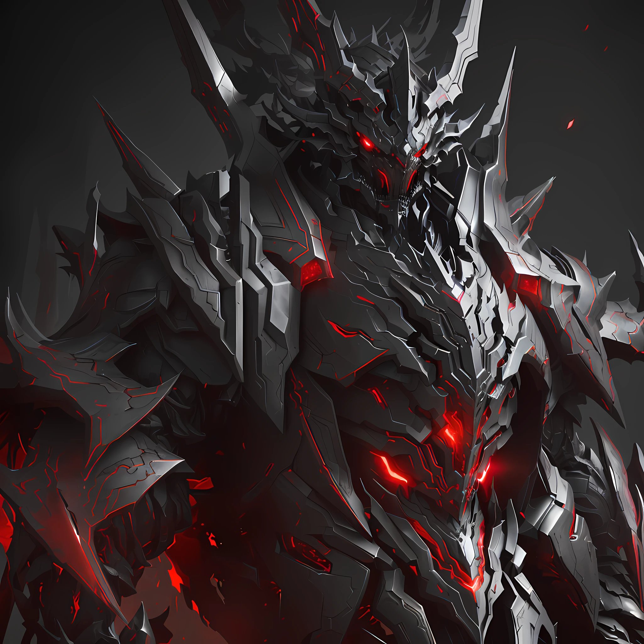 Close up of a robot with red eyes and black background, demonic dragon inspired armor, corrupted armor, Amazing 8K character concept art, Gorgeous armor full of thorns, Diablo digital concept art, Portrait of a cyborg dragon, 8 K high detail concept art, draconic looking armor, 4K detailed digital art, alduin, D&d trending on artstation