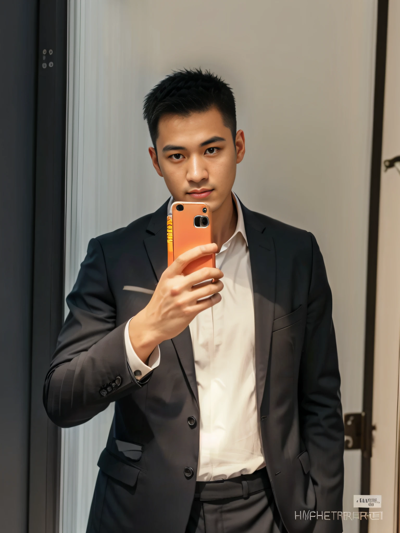 Arad man in suit takes a selfie in the mirror, 2 8 years old, 2 7 years old, 2 9 years old, 2 3 years old, dressed in a suit, 2 4 years old, 2 2 years old, wenjun lin, 3 2 - year - old, professional profile picture, steve zheng, xintong chen, Professional picture retina screen,Vertical painting shadows,Perspectiva subjetiva,atmospheric distance sense,hyper HD,Textured skin,HighestQuali,high detal,The eyes are bright and alert,Ray traching,Multiple monochromes,Cinematic lighting effects,Star temperament