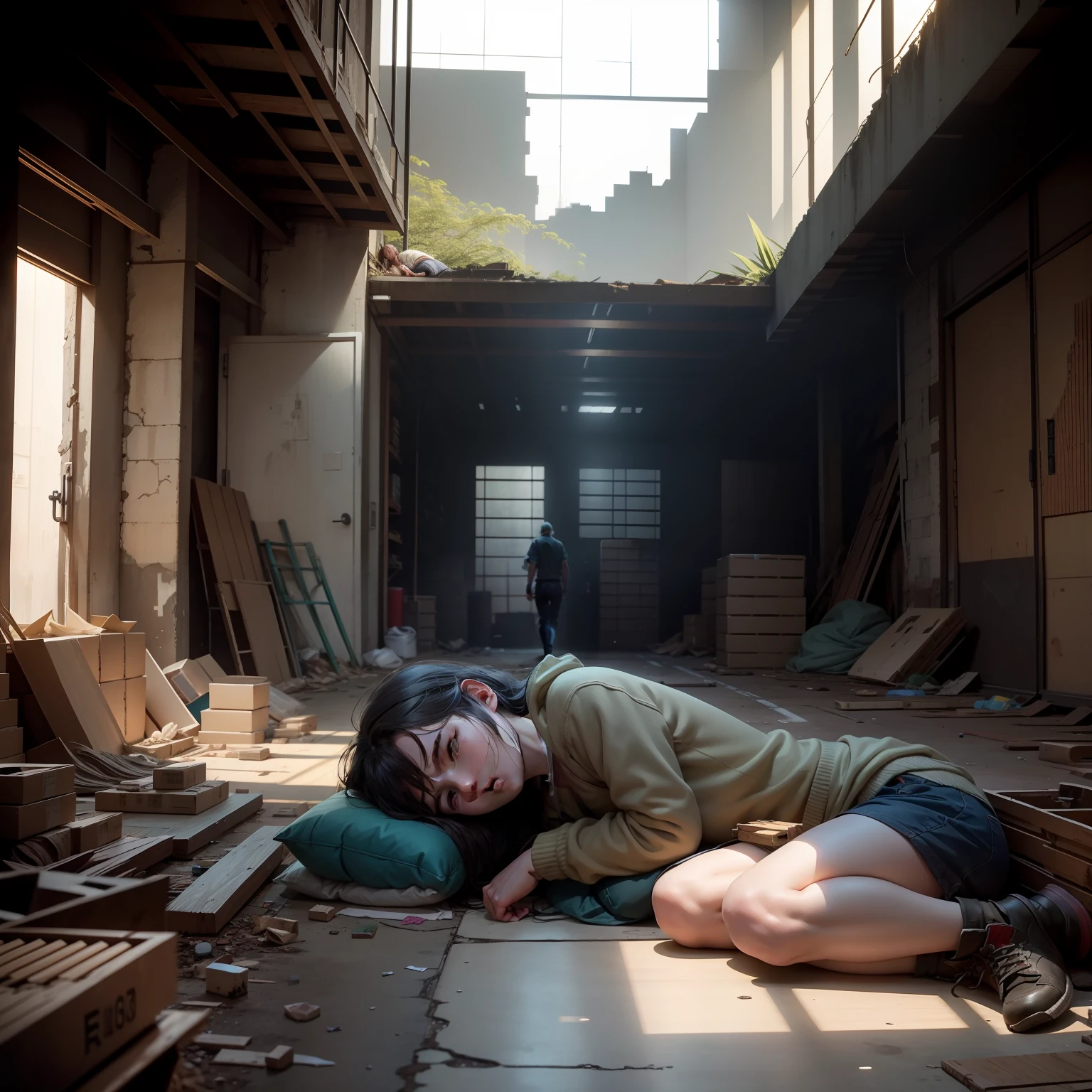 【text】The two decided to take a break in the warehouse,Build up your strength,Waiting for the dawn,Hopefully, more survivors can be found,Engage in a life-and-death battle with zombies。
【Screen depiction】Katie and Jack walk into a dilapidated warehouse,They found some rudimentary beds in the corner。They lie down and rest,Surrounded by warehouses full of items and dim lights。