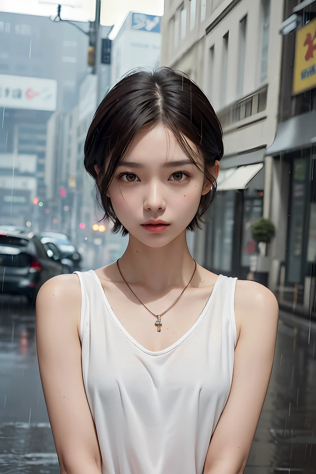 hightquality、masterpiece、超A high resolution、(realisitic:1.4)、(True skin texture:1.3)、perfect beautiful female、beautiful detailed eyes and face、Thin makeup、Small Smile、Brown short-cut hair、Petite bust、Small necklace、sleeveless shirts、In the rainy city、traffic jam、Very heavy rain、Dim light、rain cloud、