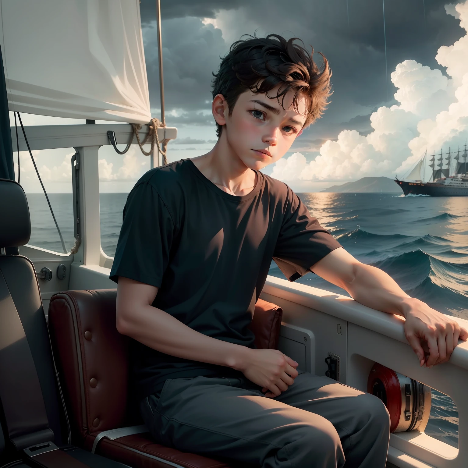 A young boy sit in the front of the ship,ship go ahead in the sea,strome cloud,he is in sad,showing emotion,wear a full shirt and pant,hold a memorable beautiful ring,the young handsome boy is alone in the ship,the sky looking very cloudy, rain fall from cloudy sky,realistic, 8k,