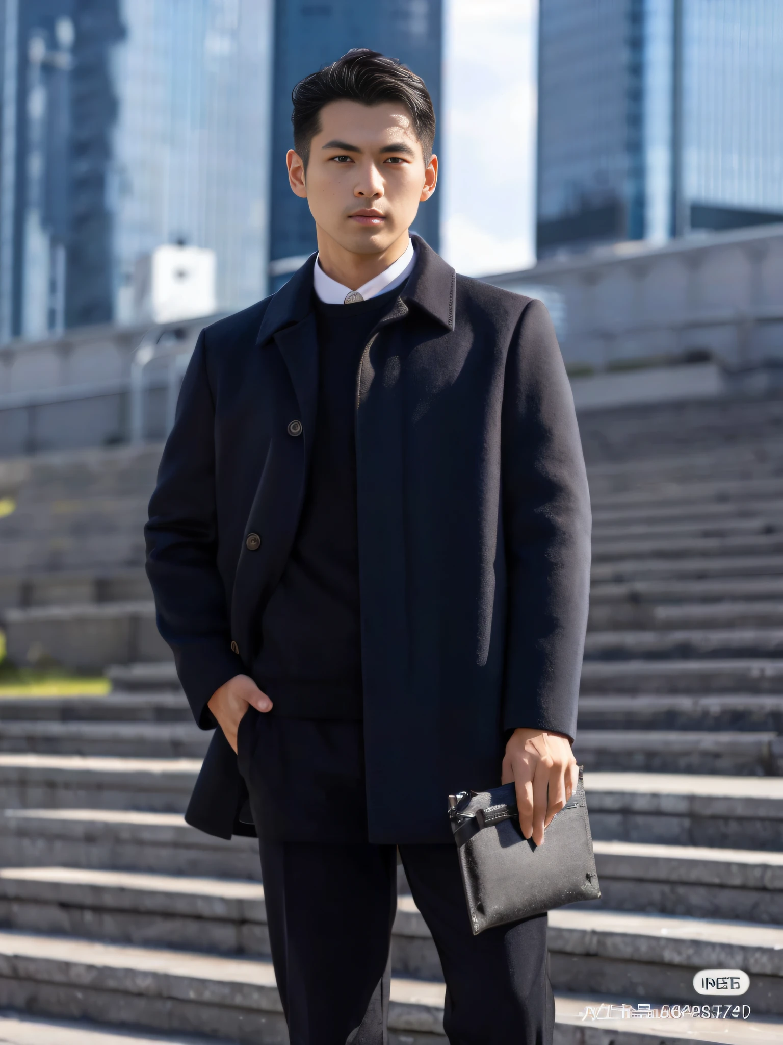 An Arafard man in a black coat and tie stands on the steps, wearing black overcoat, black greatcoat, dressed in a black coat, wearing a black noble suit, kazuma kaneko, rectangle, Black coat, well - dressed, he is wearing a black trenchcoat, Shabby black coat, Inky black tuff coat, Elegant Pose, Corporate Style Retina Screen,Vertical painting shadows,Perspectiva subjetiva,atmospheric distance sense,hyper HD,Textured skin,HighestQuali,high detal,The eyes are bright and alert,Ray traching,Multiple monochromes,Cinematic lighting effects,Star temperament