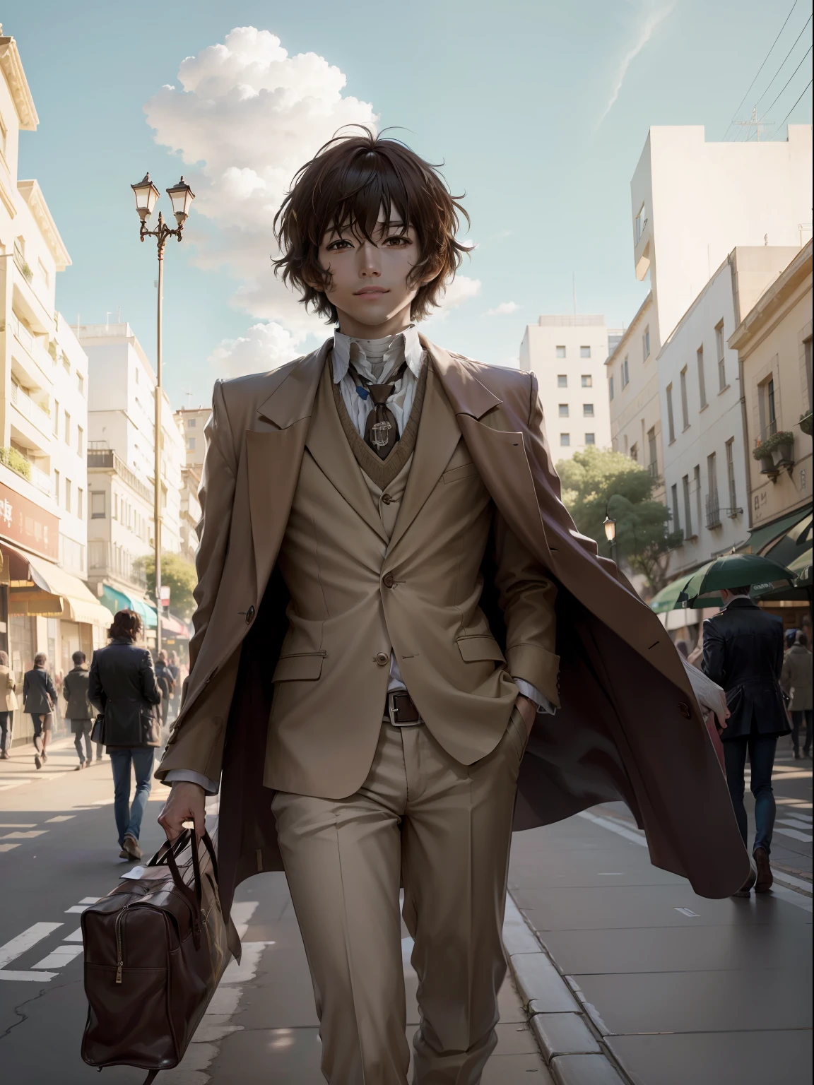 ((Obra maestra, La mejor calidad: 1.2), solamente, Enfoque masculino, 1child, Dazai Osamu, inexpresivo, brown jacket, Vendas, brown eyes, short brown hair, Caminando sonriendo por las calles de una hermosa ciudad soleada, con nubes, movie