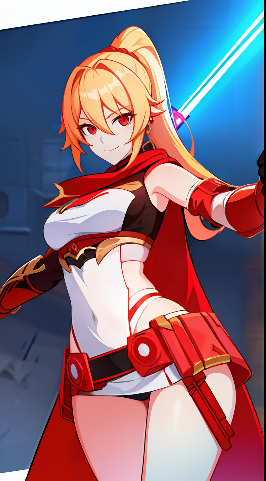 young girl, longue blonde hair, high ponytail, red eyes, Jedi Mantle, open breasts, Smile, Lightsaber, Masterpiece, hiquality