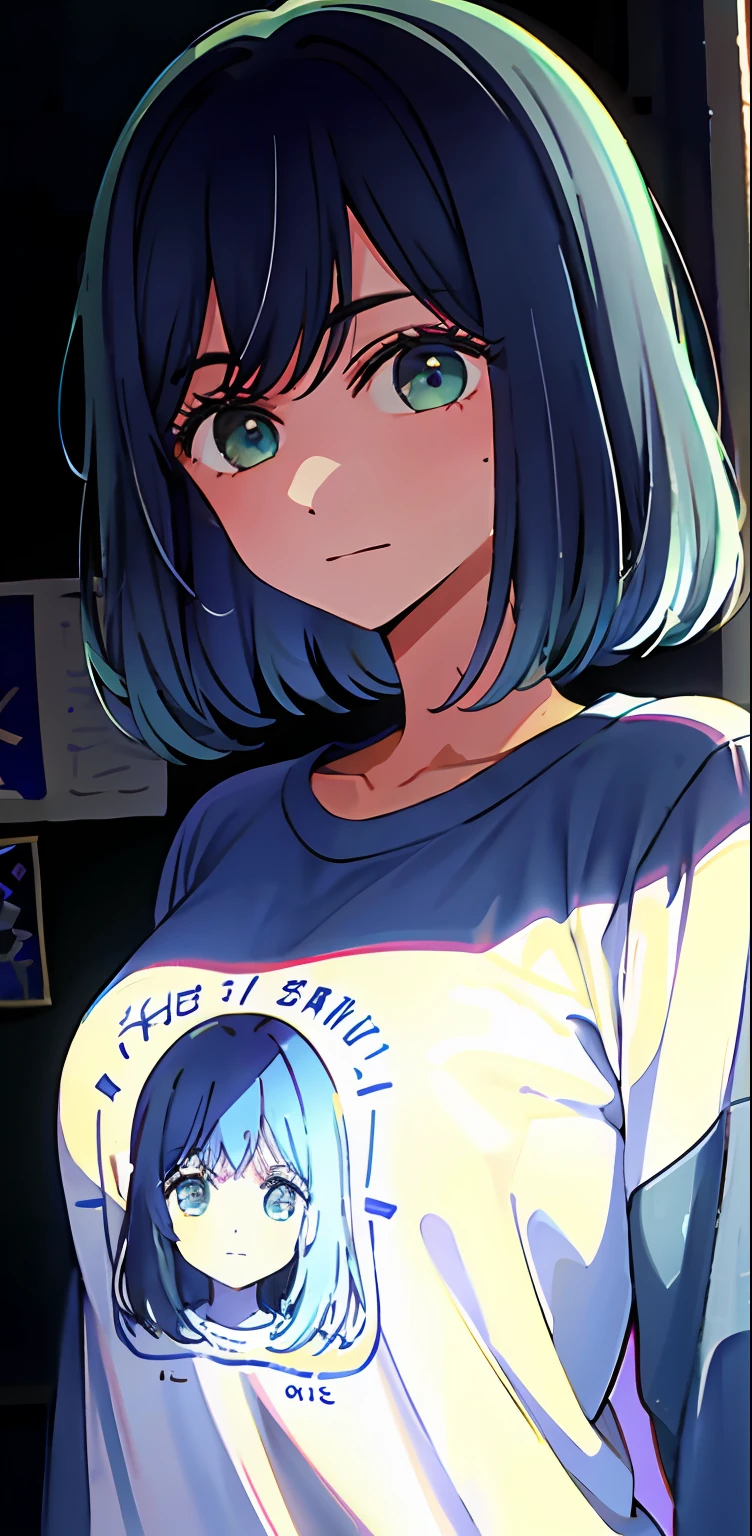 fondo detallado, obra maestra, mejor calidad, sonrisa, adorno, grandes senos y gran trasero, sudadera con capucha, What you notice the breasts above the sweatshirt, retrato, blue neon, graffiti, oscuro, noche, ojos brillantes, luz negra