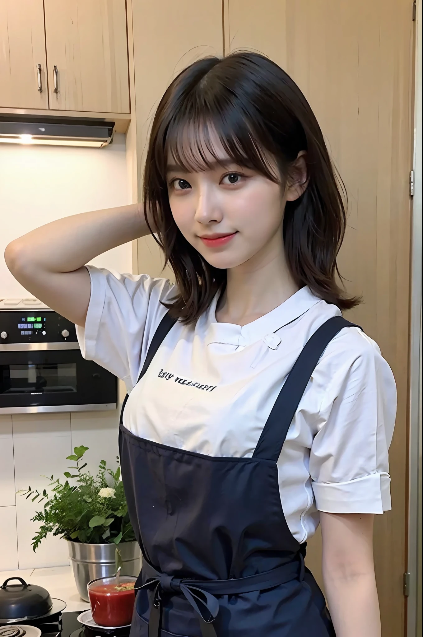 a woman is cooking、(kitchin_Apron:1.Wear 3)、Good Hand、4K、hight resolution、​masterpiece、top-quality、Cap:1.3、((Hasselblad photo))、Fine skin、foco nítido、(lighting like a movie)、Soft lighting、dynamic ungle、[:(详细的脸:1.2):0.2]、Medium chest、sweats streamed skin:1.2、(((In the kitchen))) A smile　Beautiful profile　Colossal tits　Beautiful body　Tying hair　The background is a spacious and luxurious living room　Luxurious and luxurious living