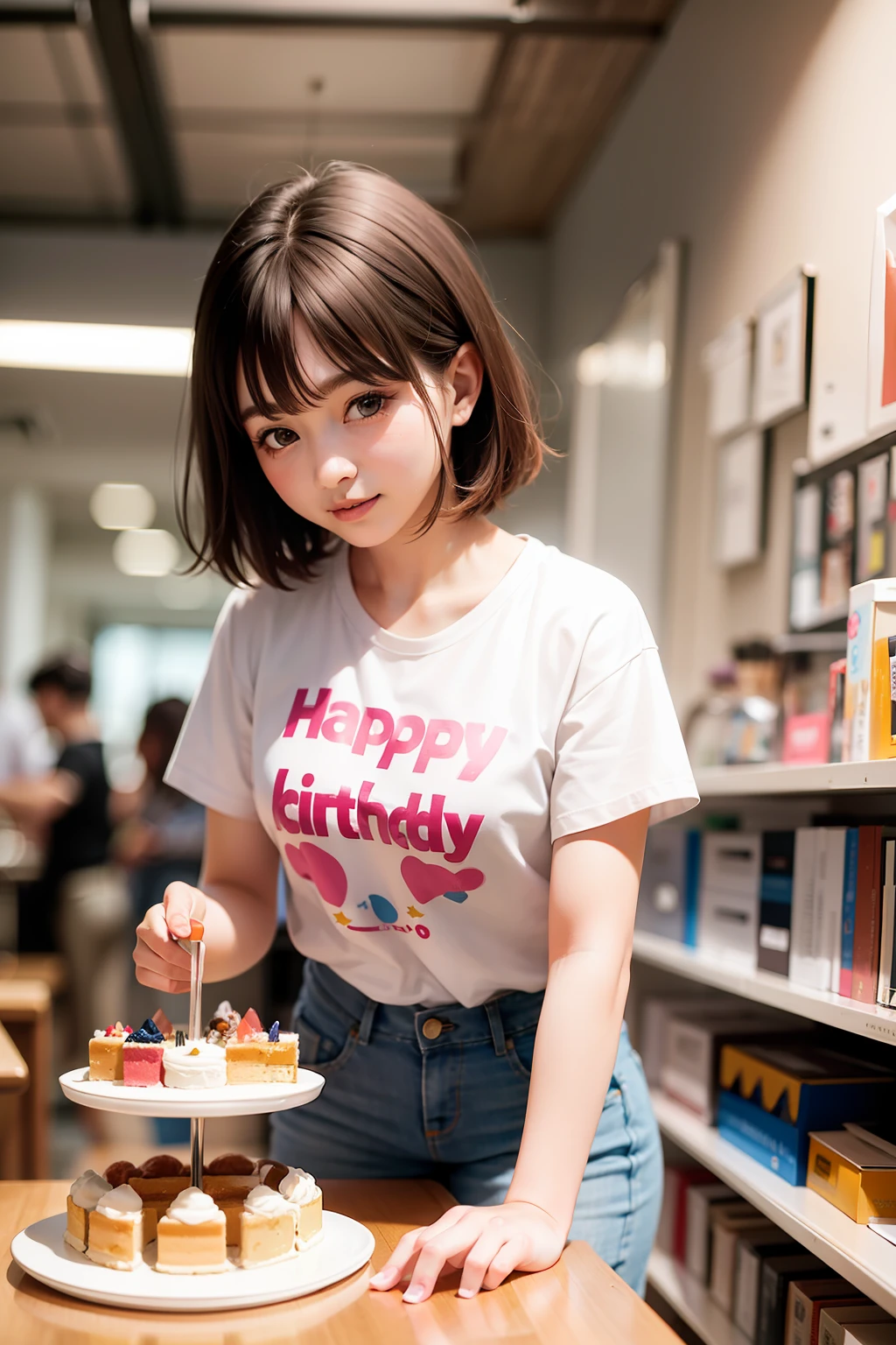 Shorthair、brown haired、hightquality、high detal、1girl in、tshirts、Looking at the camera、Birthday cake on the table,Background white wall