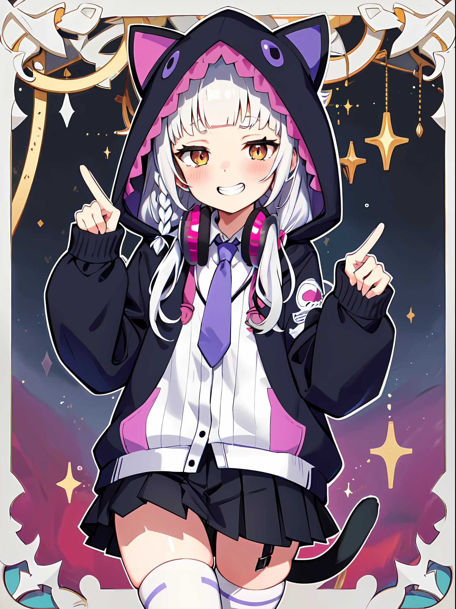 (masterpiece),(best quality),extreamly delicate and beautiful,traditional media, absurdres, highres, best quality, absurdres, highres, best quality, (illustration), pop and cute pose, ,
ddshion, 1girl, solo, long hair, braid, headphones around neck, cat tail, hood up, animal hood, hooded jacket, pink bow, purple necktie, long sleeves, sleeves past wrists, purple skirt, pleated skirt, white thighhighs, thigh strap, blush, smile, grin, nice hands, perfect hands, 
Best Lighting, detail hands and fingers,