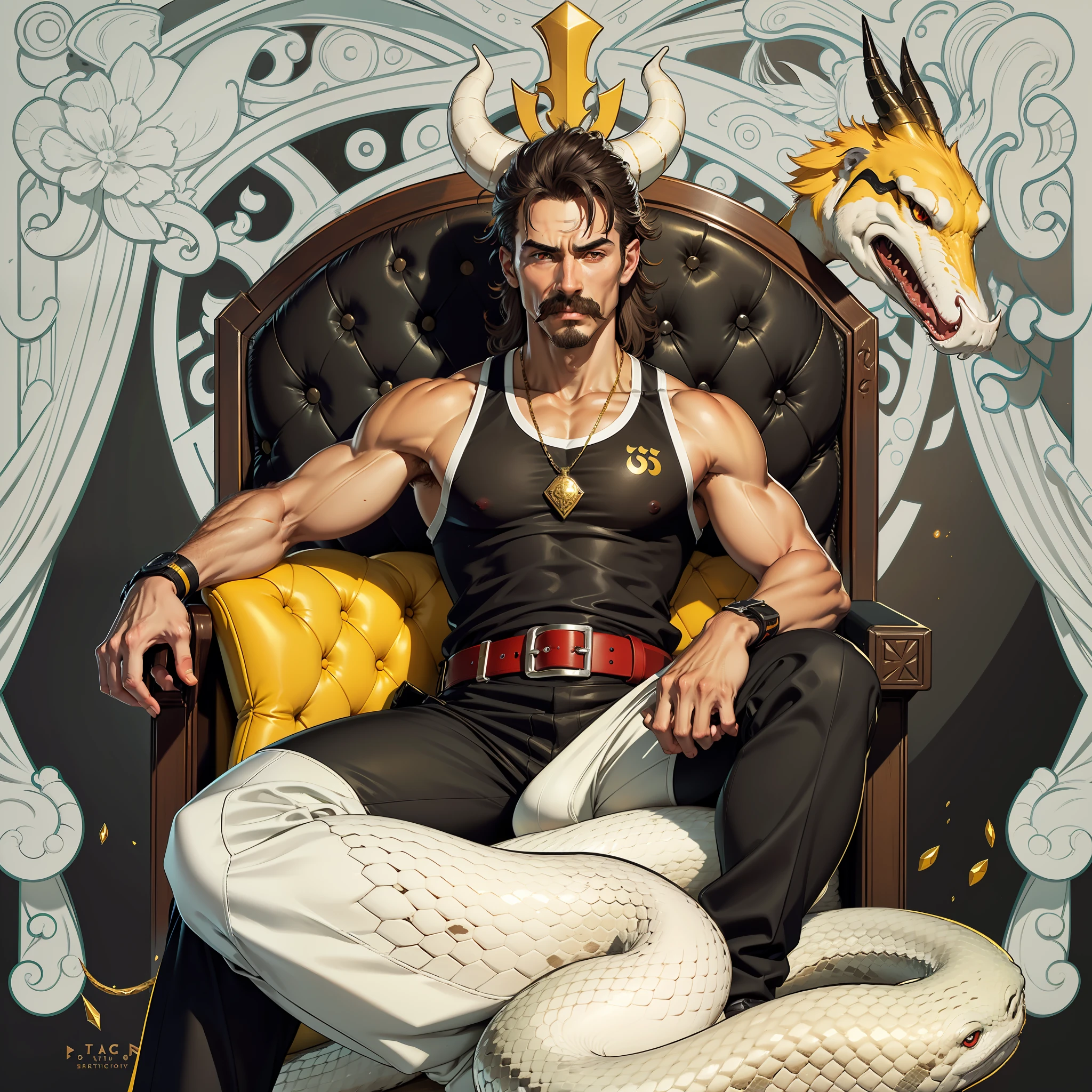 athletic man, handsome face, light brown skin, mullet hair, moustache, yellow eyes wearing a white tank top, black belt and black pants, sitting on a throne, a pair of horns on his head, several snakes around the scene, a huge snake with red eyes in the background